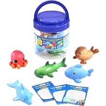WONDERY Kids Wow in The World Soft Baby Ocean Animals Bucket | Soft and Squeezable | Kids Learning Through Play | Includes 5 Baby Ocean Animal Toys and 3 Fun Fact Cards