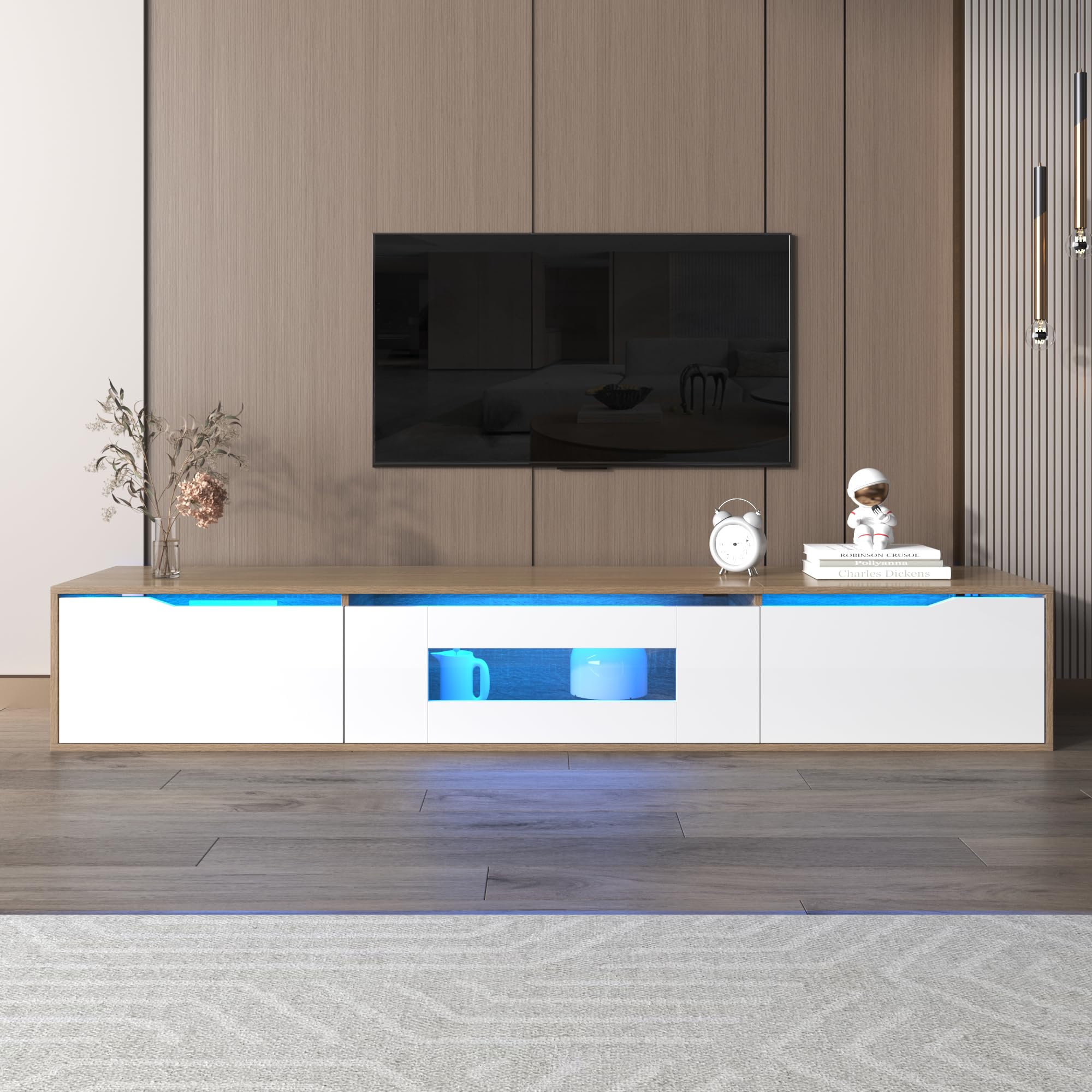Stojak na telewizor o wysokim połysku 180 cm z oświetleniem zmieniającym kolor LED, nowoczesne wykończenie drewna, stylowe centrum rozrywki, idealny do mebli do salonu