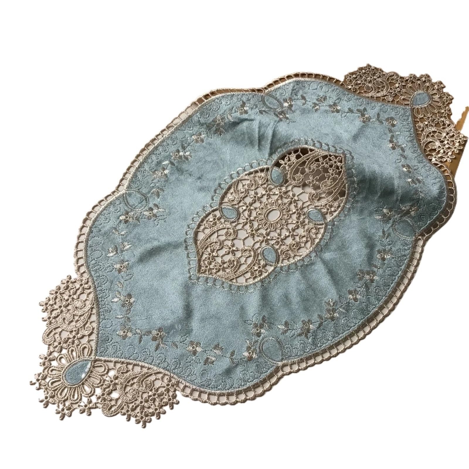 ZNTIHZ Retro Embroidered Lace Placemat Flannel Tea Cup Mat Coaster Tablecloth Pastoral Bedside Table Party Decoration For Furniture Dresser(Blue,29x51cm)