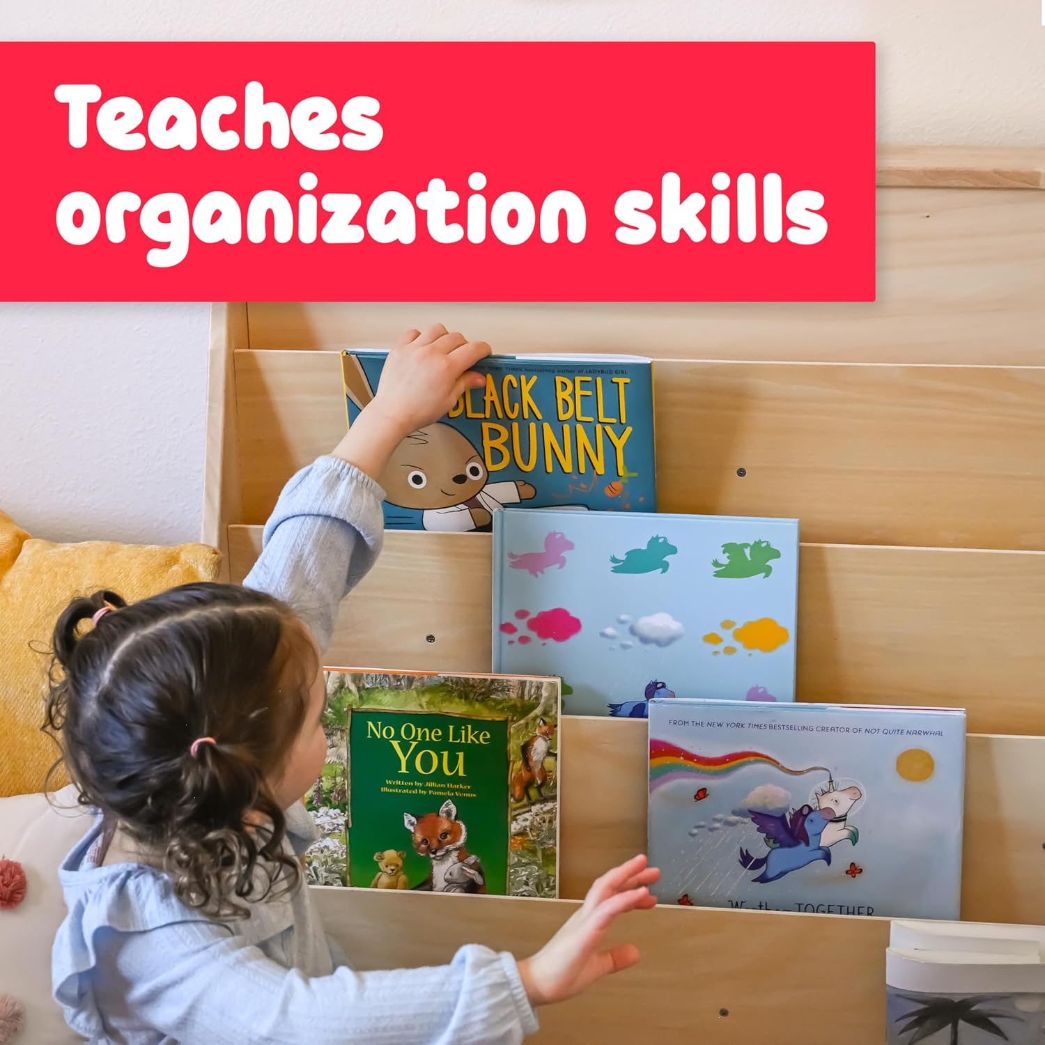 Spark & Wow Toddler Bookshelf | Five Tiers | Shows Book Covers | Wood Bookshelf for Kids with Storage | Montessori Furniture for Playroom and Classroom