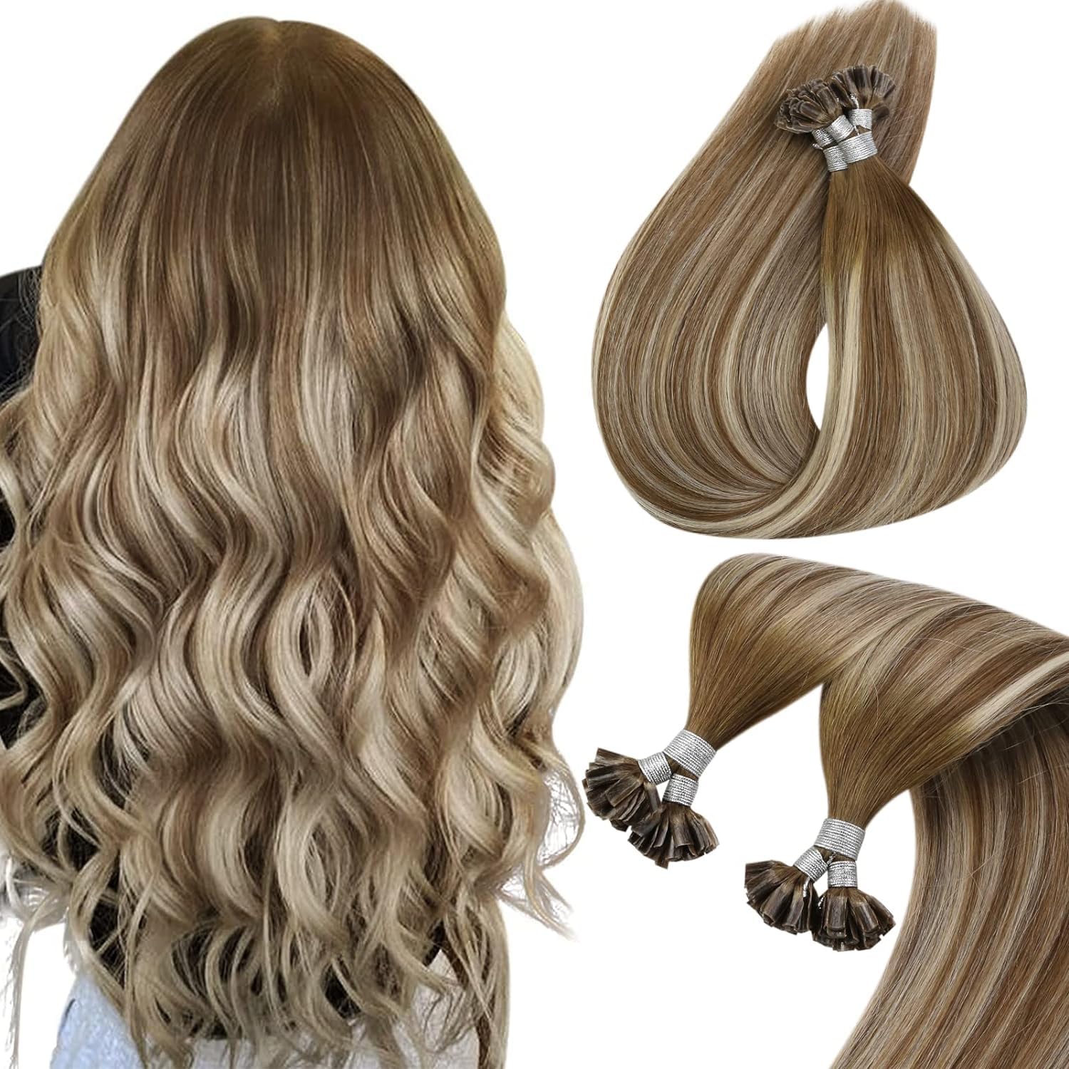 Sunny Hair U Tip Hair Extensions Human Hair Easy to Wear Utip Hair Extensions Medium Brown with Blonde Balayage Ktip Human Hair Extensions for Women Remy Hair 16inch 50g