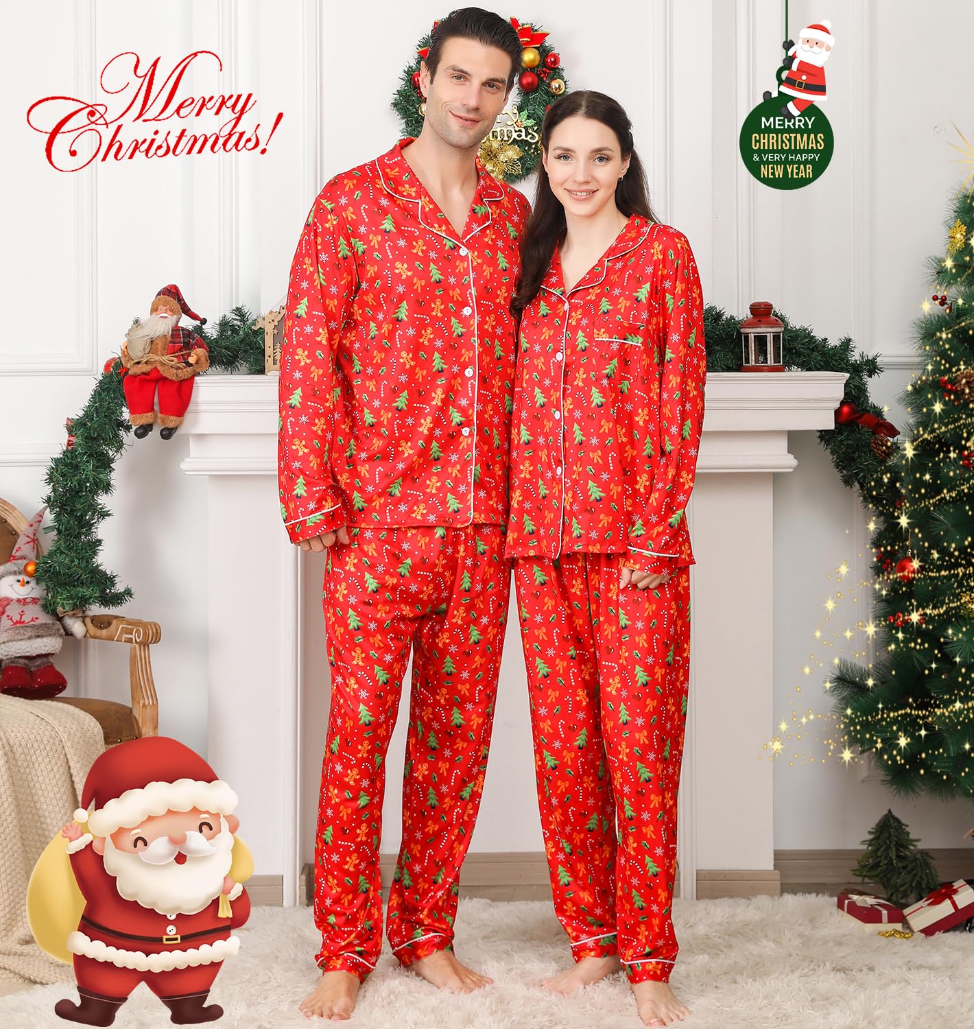 ANGELGGH Pijamas familiares de Navidad a juego, conjunto de 2 piezas de pijamas de fiesta para festivales, vacaciones, ropa de dormir cálida para parejas con botones