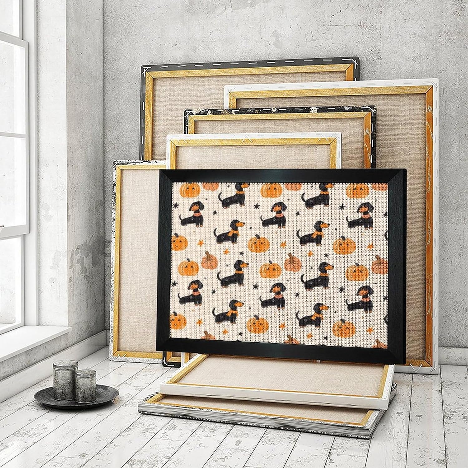 Dachshund Dog Halloween Pumpkin Star Printed Diamond 5D Painting Kits DIY Full Drill Crafts for Home Wall Decor 16x20 Inch Blackwood 50 * 40cm