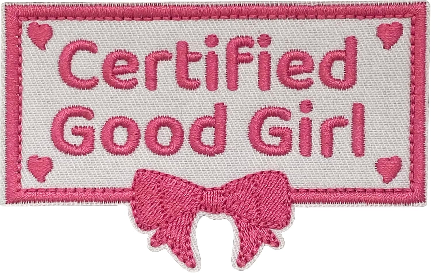 Funny Pink Certified Good Girl Dog Harness Hook and Loop Embroidered Patches with Bow Tie, Applique Patches for Backpacks, Clothes, Hats, Girls, Jeans, Pet Collar, Vest, 3.34" x 2.16" Sized