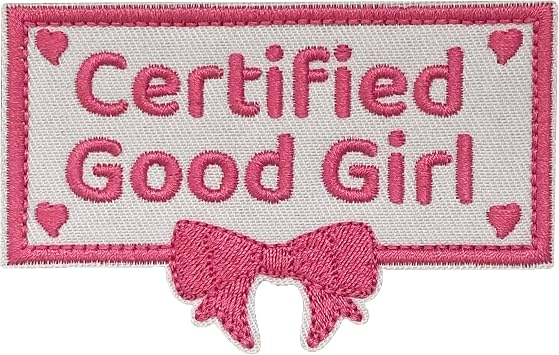 Funny Pink Certified Good Girl Dog Harness Patches, Iron on or Sew on, Embroidered Patches with Bow Tie for Backpacks, Clothes, Hats, Girls, Jeans, Pet Collar, Vest, 3.34" x 2.16" Sized