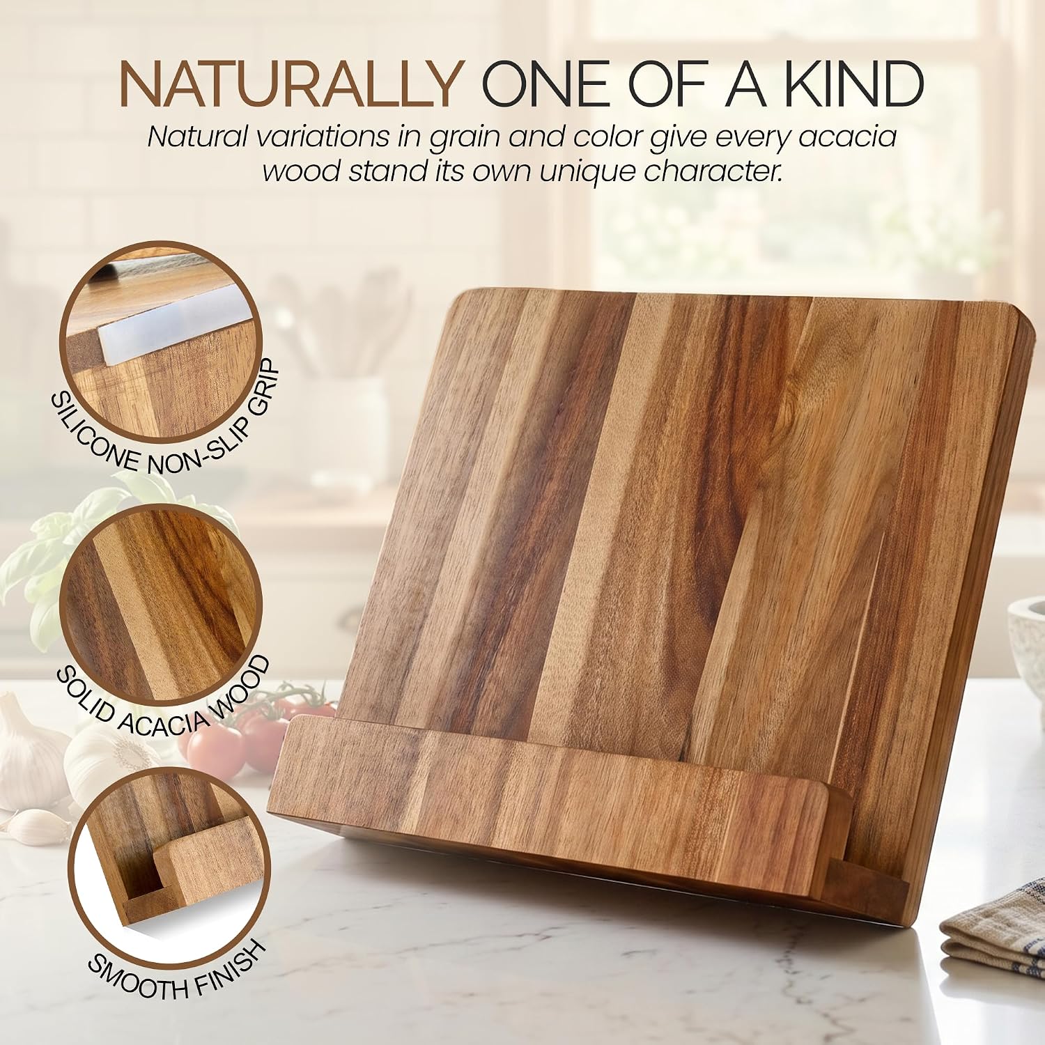 Acacia Wood Cookbook Stand for Kitchen Counter, Foldable Cookbook Holder & Recipe Book Stand, Wooden Book Stand for Cooking, Baking & Reading