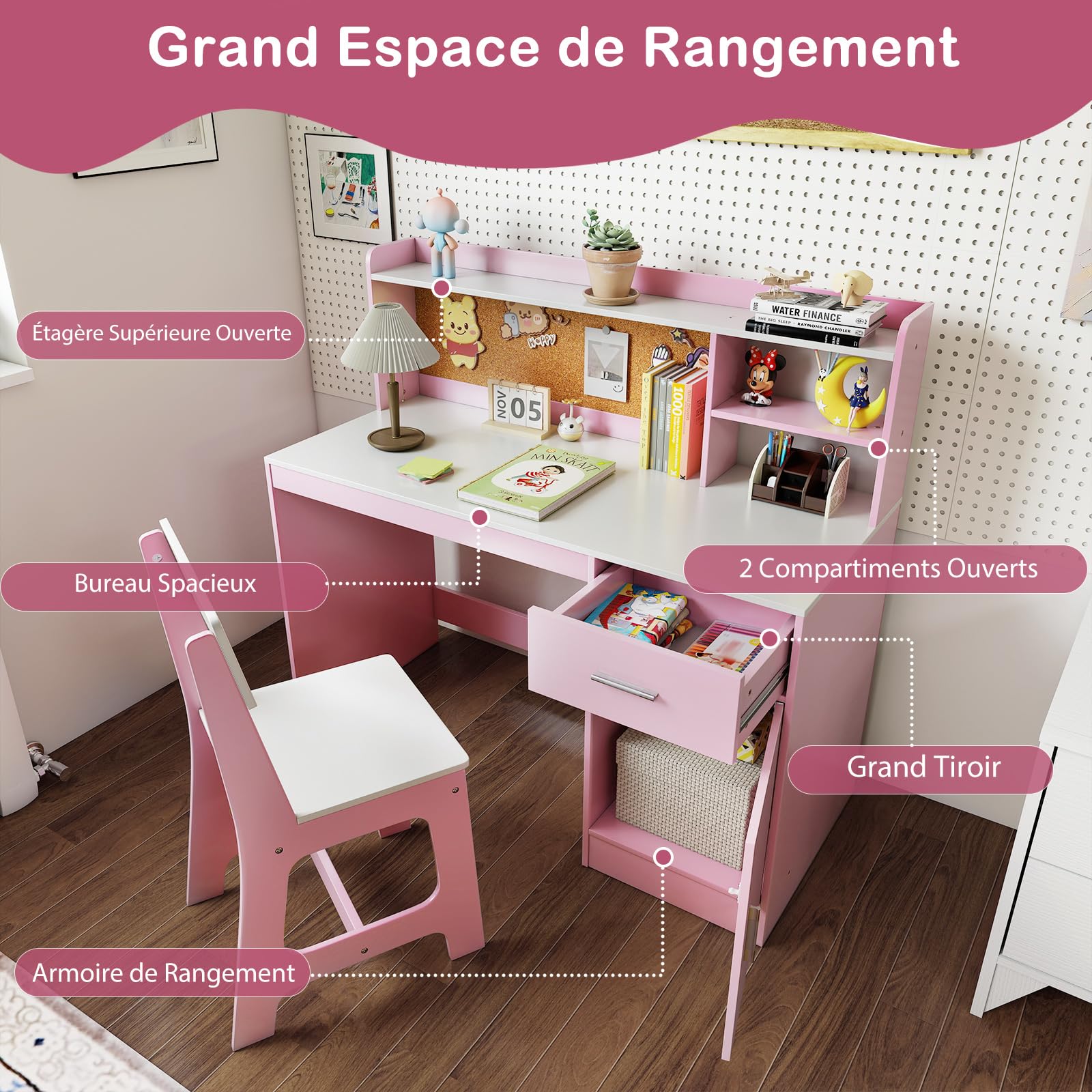 GOPLUS Bureau Enfant Garçon Fille avec Chaise, Bureau avec Rangement Étagère Tiroir Armoire, Panneau en Liège, Table Chaise Enfant pour Manger, Étudier, Dessiner (Rose)