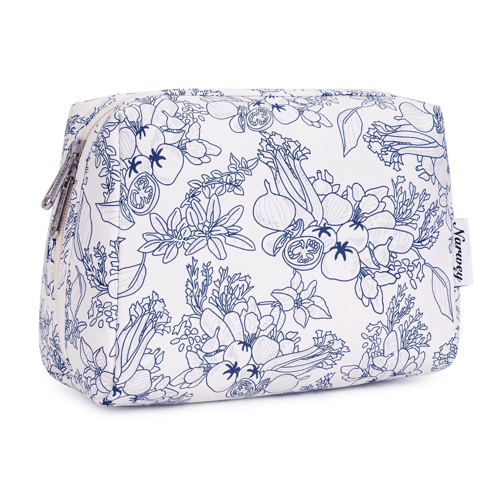 Narwey Make up Tasche Damen Schminktasche Kosmetiktasche Kulturtasche Damen Kulturbeutel, Makeup Tasche Makeup Bag (Dunkelblaue Blumen, Groß)