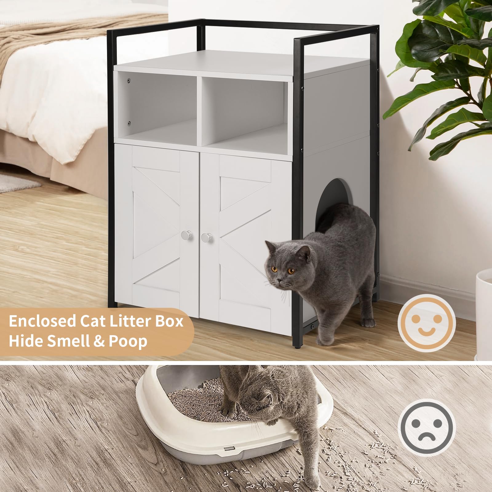 Maison De Toilettes Pour Chat à Double Portes, Meuble à Litière En Bois Avec Griffoir, Meuble TV Pour Litiere Cachee De Chat Chene Gris 92641871