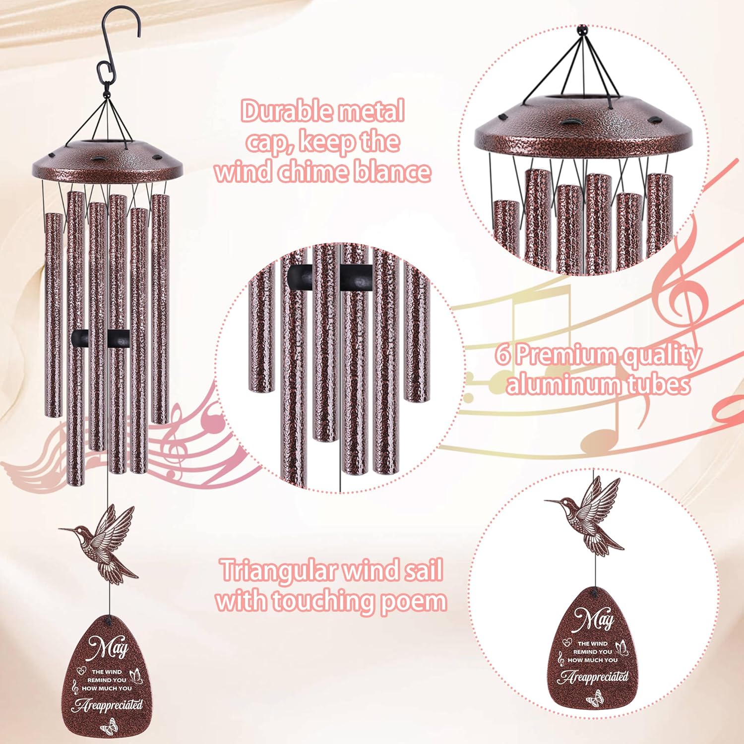 Thank You Wind Chimes for Outside: Thank You Gifts for Men Women, Mental Hummingbird Wind Chime, Thoughtful Appreciation Gift Set for Mom Friends Coworker Employee Teacher - Image 2