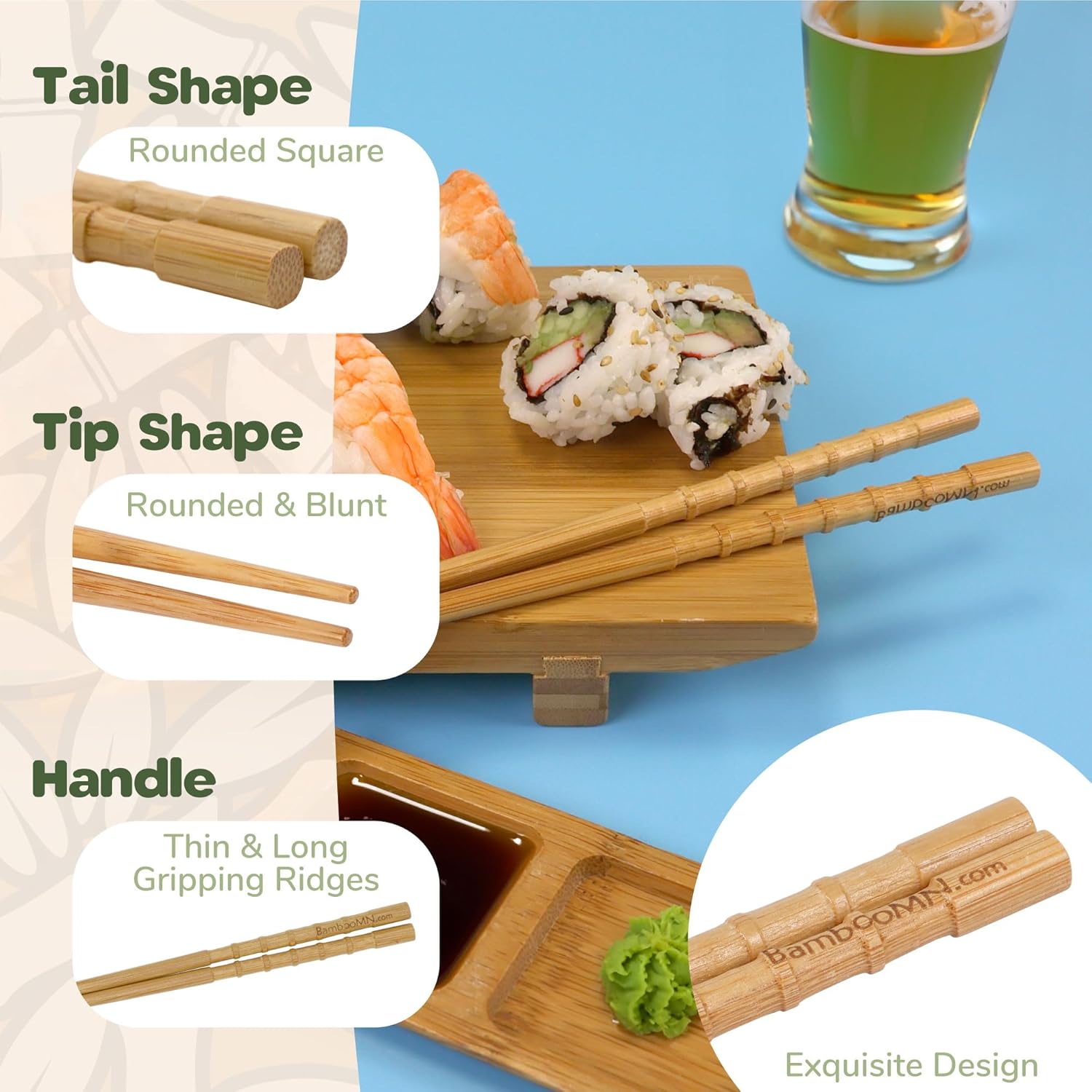 BambooMN Premium Reusable Japanese Bamboo Chopsticks, Knobby 9 inch - 120 Pairs