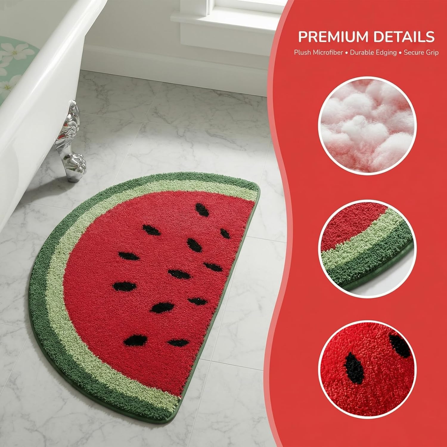 19.7x31.5 inch Half Round Microfiber Soft Watermelon Shape Bathroom Rugs Non Slip Shag Bath Mat Rug for Kitchen Bedroom Rubber Shower for Floor Living Room Mats Water Absorbent Washable