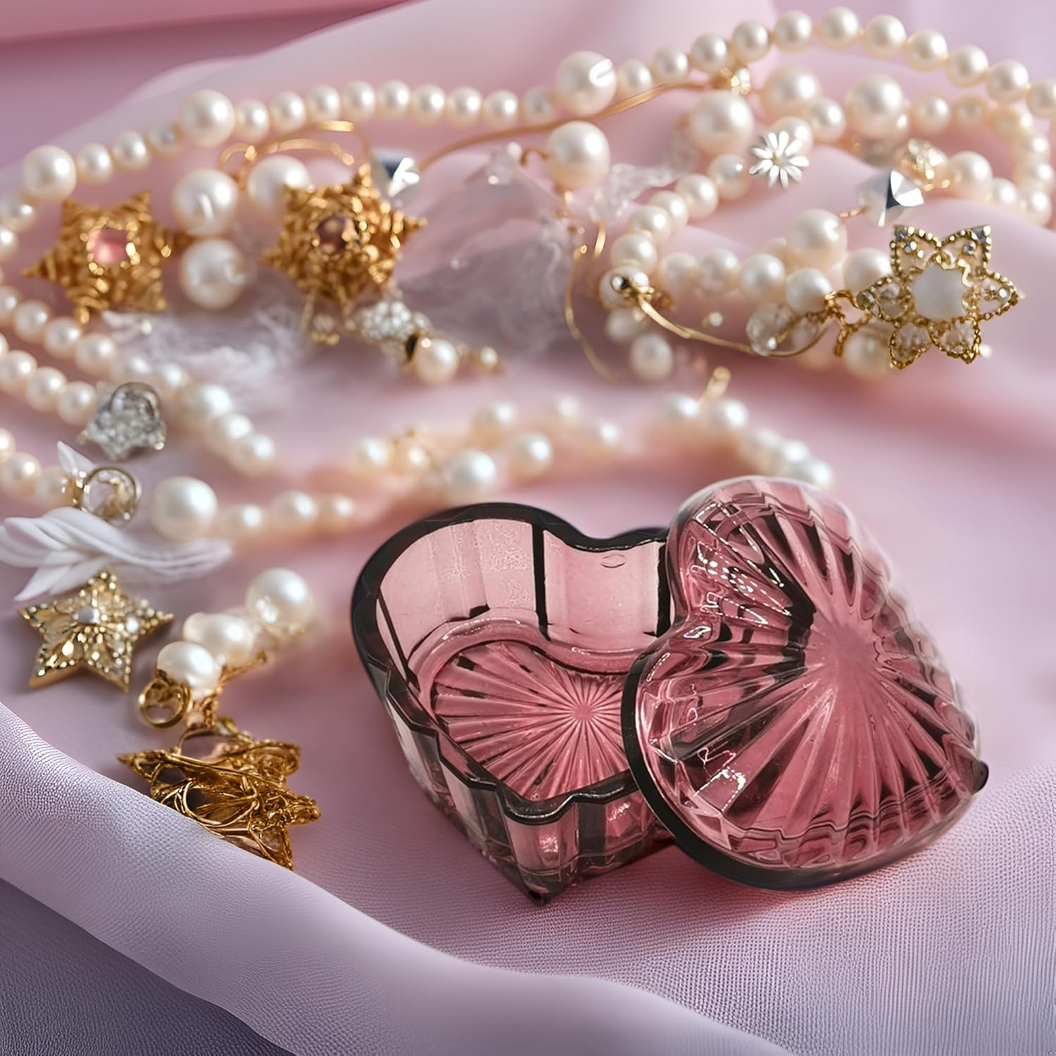 Glass Jewelry Box Heart Shape Cute Box for Storage Ring Earring Trinket Vintage Jewelry Organizer Decorative Gift for Women Girls, 3.5x2.95x1.7 IN-GRB006-Red - Image 7