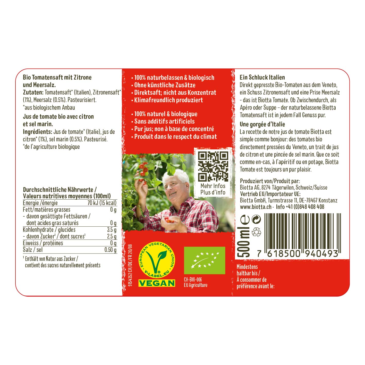 BIOTTA - Jus de Tomate assaisonné au jus de Citron, sel marin - Préparation à base de tomates 100% bio - Riche en vitamines A, C et en nutriments - Antioxydants - 500ml - Lot de 3