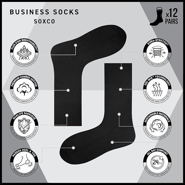 SOXCO Chaussettes pour Hommes Classiques en Coton, Lot de 12 Paires - 5
