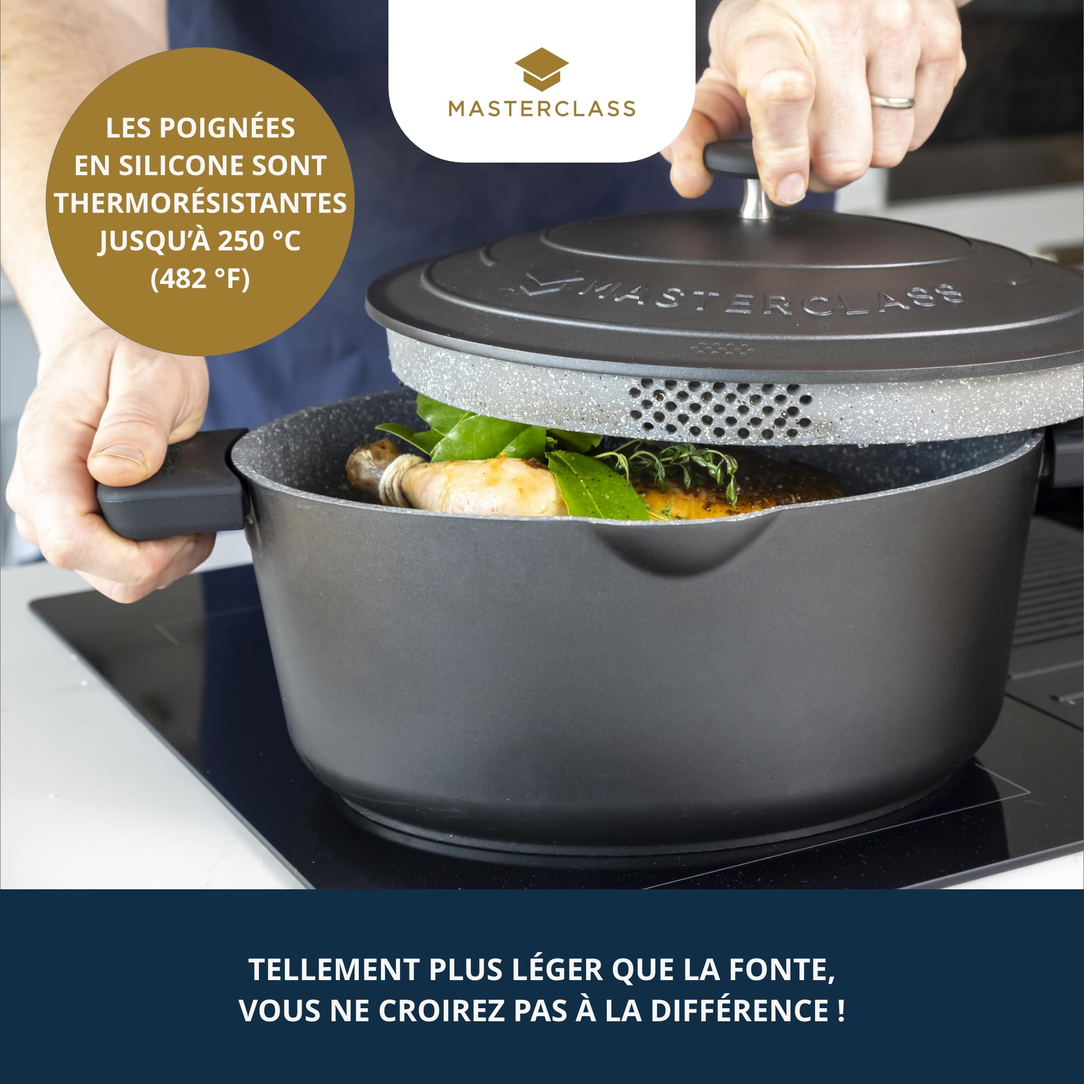 MasterClass Plat à Four Ovale en Fonte d'Aluminium avec Couvercle Automatique Plus Léger Que la Fonte, Noir, Verse Facilement la Sauce de la Cuisinière au Four, pour Mijoter Longtemps,30 cm, 6 l