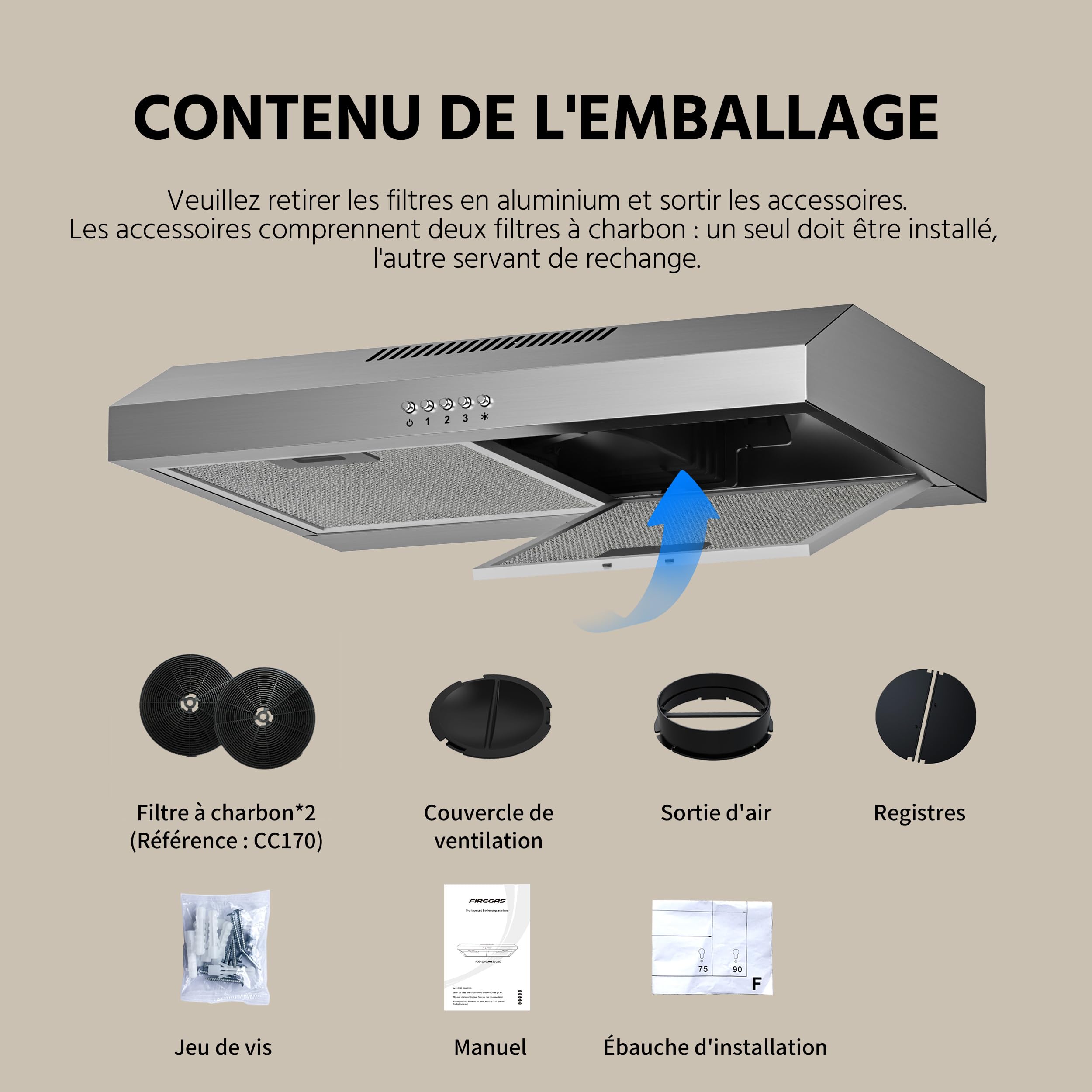 FIREGAS Hotte de Cuisine 60cm A++, Hotte Aspirante Inox Silencieuse avec Moteur sans Balais, 3 Vitesses, Éclairage LED, Mode Recyclage ou Évacuation, Idéal Petites Cuisines