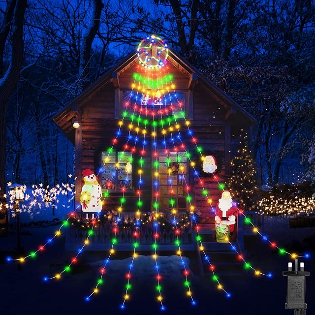 Christmas Lights Outdoor, 357LED Christmas Tree Lights with Topper Star, 8 Modes IP65 Waterproof Christmas Lights with Memory for Party/Garden/Outdoor&Indoor Christmas Decorations -Multicolored