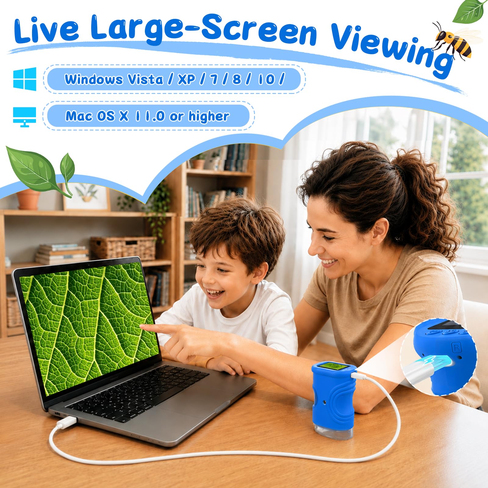 Microscopio Digitale Bambini 1000X, Microscopio Portatile con Schermo IPS 2 Pollici, 8 LED Luce Regolabile, Foto e Video, Regalo di Compleanno per Bambini Ragazzi e Ragazze (Blu)