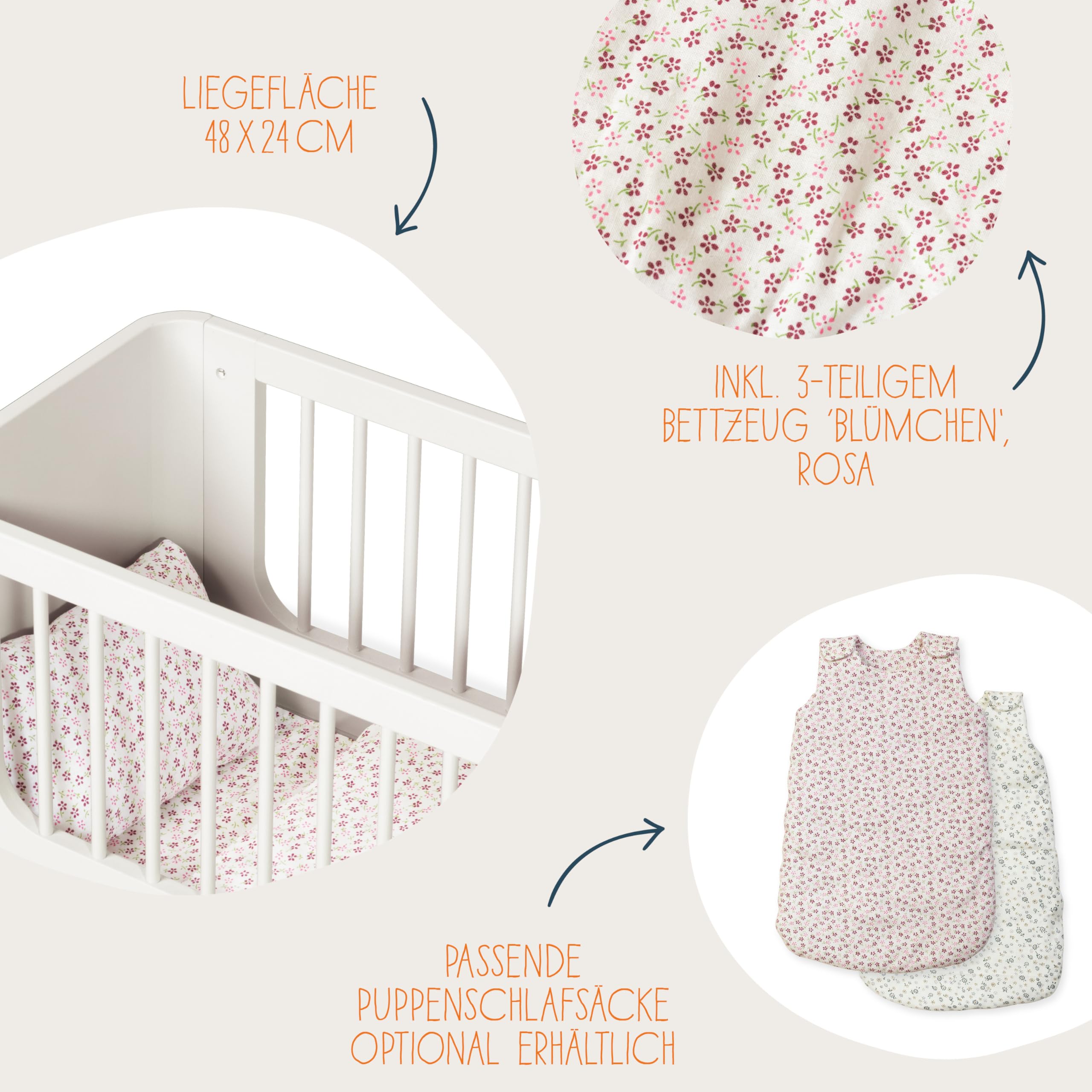 PINOLINO Puppenbett Malea aus Holz mit Bettzeug 4 Teilig - Puppenbettchen mit Matratze, Kissen und Decke, Bett für Puppen und Kuscheltiere, Puppenbett Spielzeug für Mädchen und Jungen, ab 3 Jahren