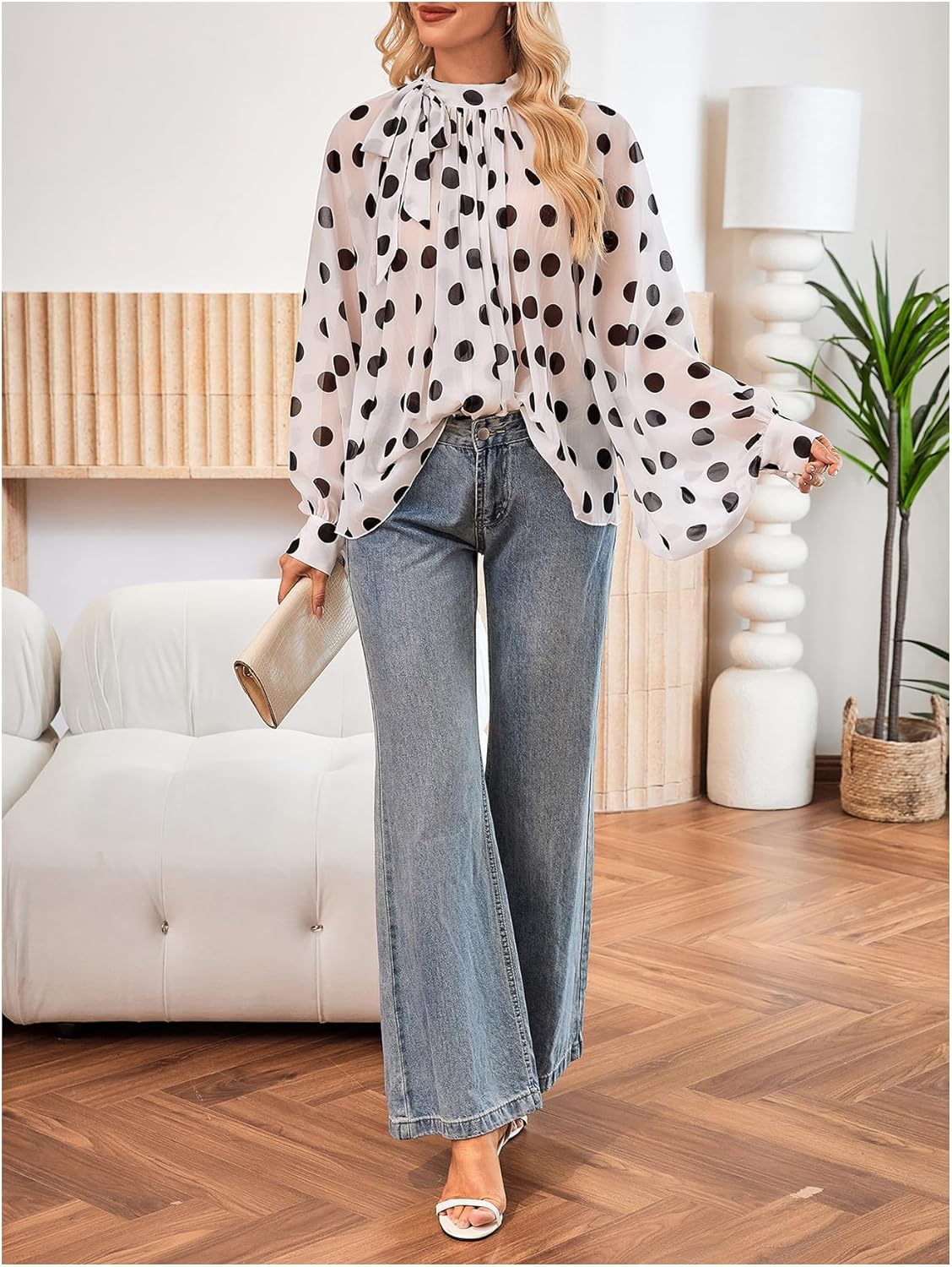 Floerns Women's Polka Dots Bishop Sleeve Shirts Tie Neck Mesh Dressy Casual Blouse Tops - Image 2