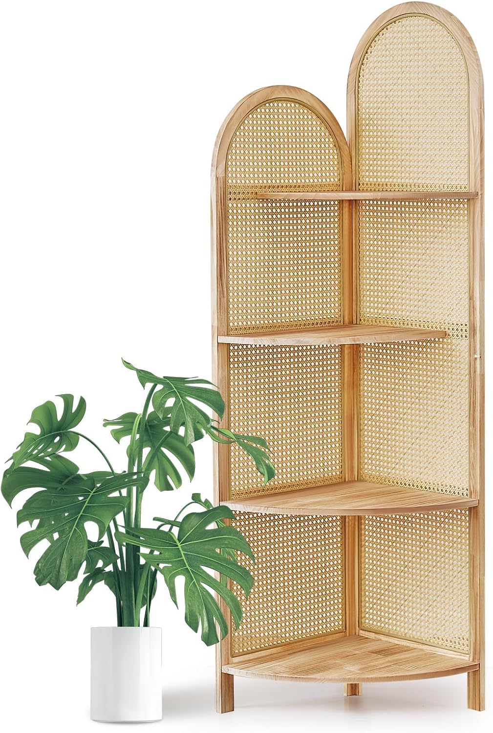4-Tier Corner Shelf Stand 70" Rattan Corner Shelves Display Shelf Wall Corner Bookshelf with Solid Wood Frame Multi Unit Organizer Rack with Legs for Living Room Decor,Small Space, Natural