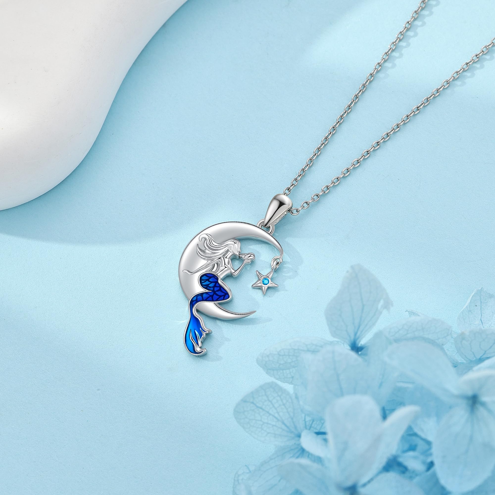 JERWLI Meerjungfrau-Halskette 925er Sterlingsilber kleine Meerjungfrau Schmuck für Mädchen Mondschmuck Geschenke für Frauen