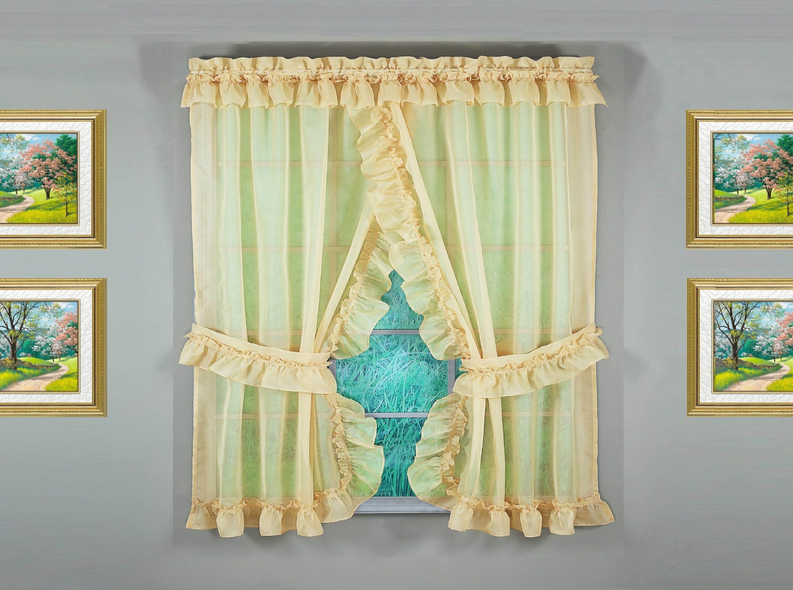 Today's Curtain, Emelia Priscilla Sheer Pair 60" W x 63" L, Gold, 5-Piece-Set