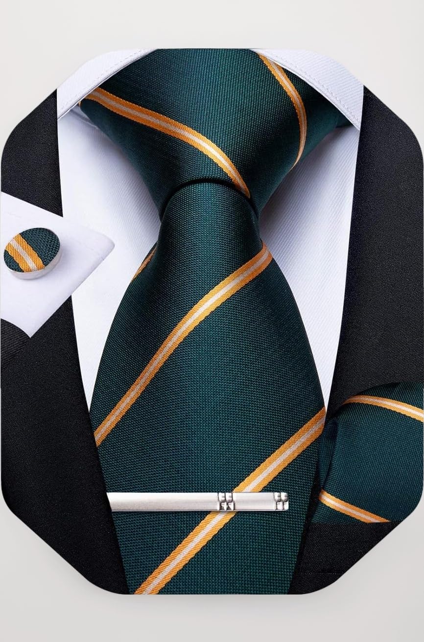 DiBanGu Mens Striped Tie Silk Woven Necktie and Pocket Square Cufflinks Tie Clip Set Wedding Business Formal Gift Tie for Men