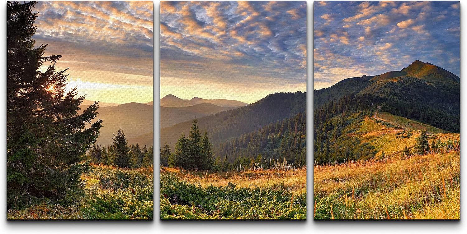 Buy wall26 Canvas Print Wall Art Set Sunset Over Green Mountain Forest ...