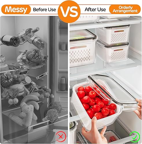 Miniatura 7 de Paquete de 5 recipientes de almacenamiento de frutas para refrigerador con coladores extraíbles, 4 en 1 contenedores de almacenamiento de productos