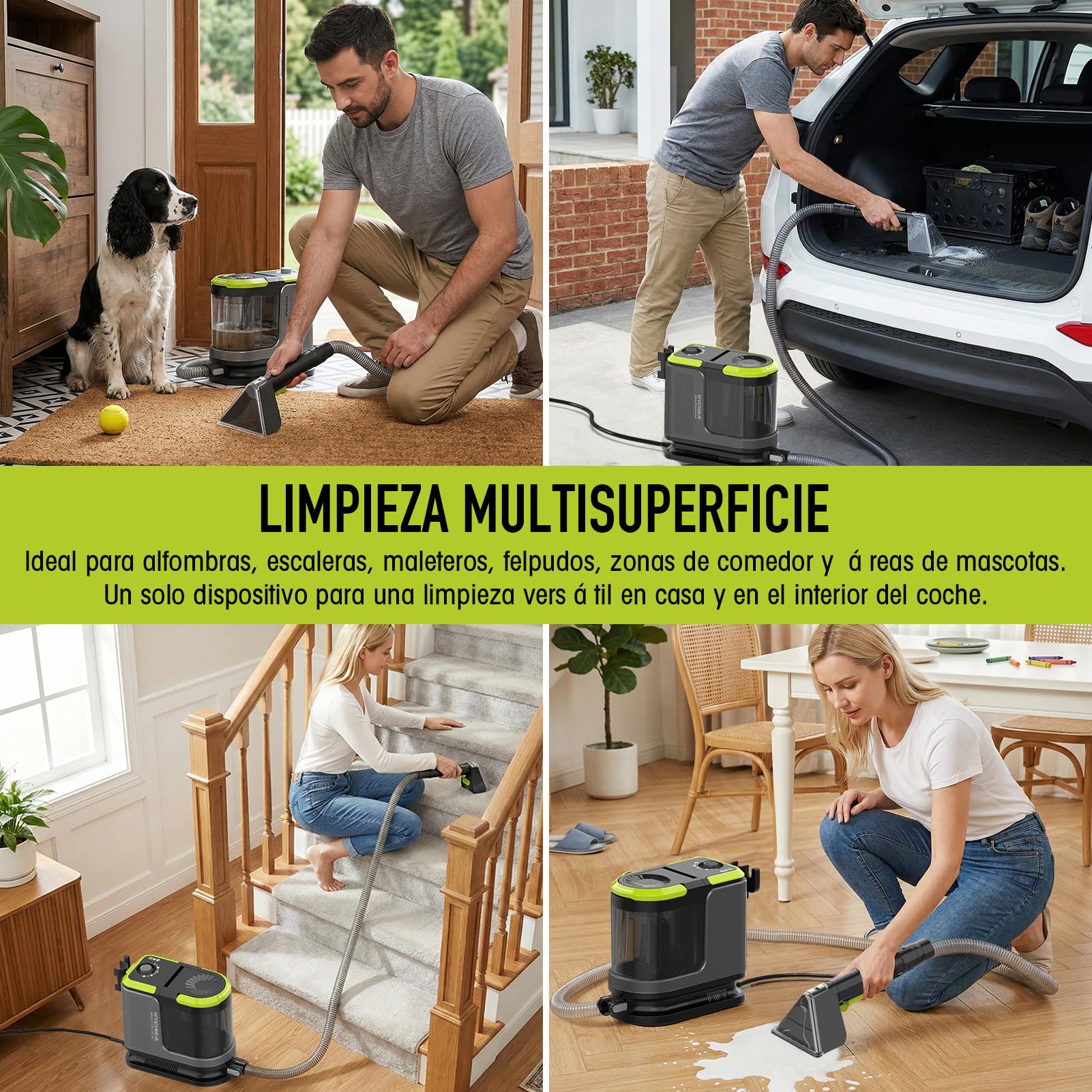 HYCHIKA Limpiador de Tapicerías con Aspiración y Lavado 1800W | 17 kPa, Limpiador de Alfombras con Lavado y Aspiración, Limpiador Textil Portátil, Quitamanchas para Sofá, Tapicerías y Coche