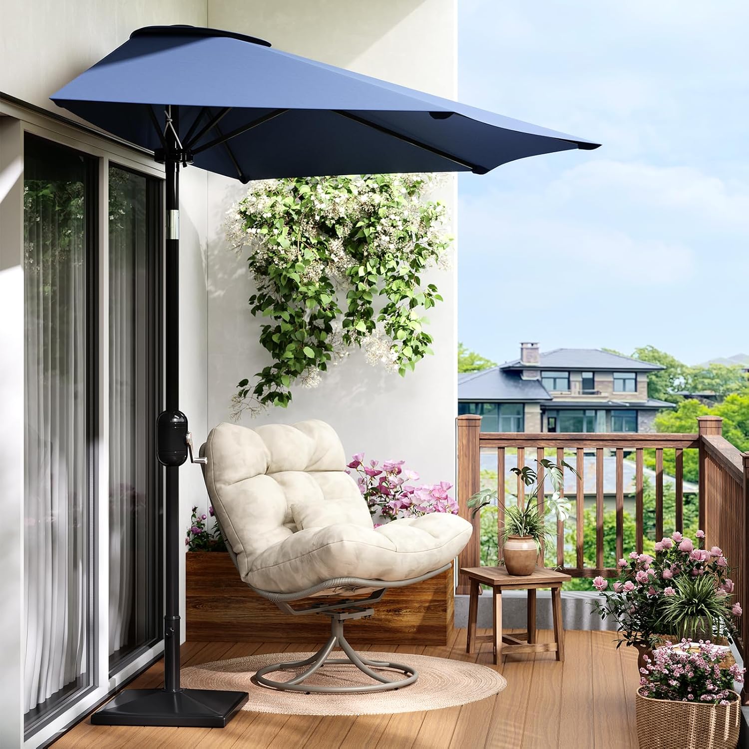 Garvee Patio Umbrella 9FT - Half Umbrella Outdoor with Smooth Crank Lift, Outdoor Shade Canopy for Patio, Backyard, Garden, Deck, Balcony -Navy Blue