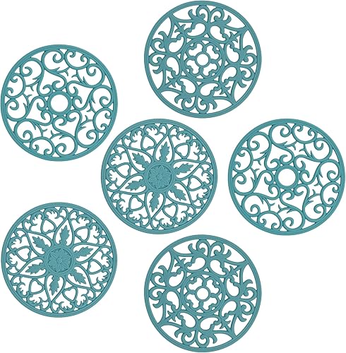 Juego de 6 salvamanteles de silicona verde azulado para ollas y sartenes calientes, almohadillas y tapetes multiusos tallados intrincadamente,