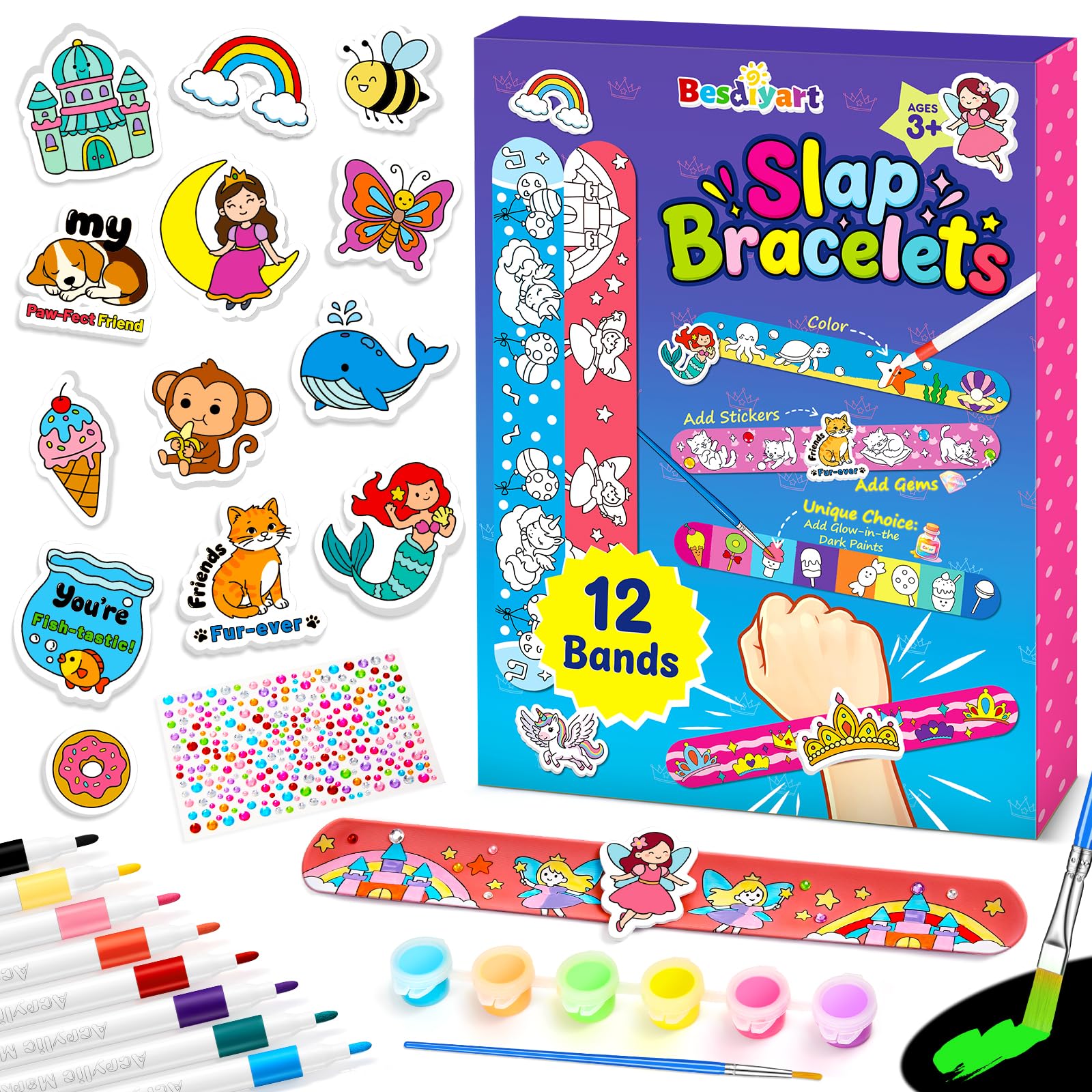 DIY Slap Bracelets Making Kit, 12 Pcs Slap Bands with 9 Themes, Glow‑in‑the‑Dark Paint Included, Arts & Crafts Toy Gift for Boys Girls Kids Ages 3‑10