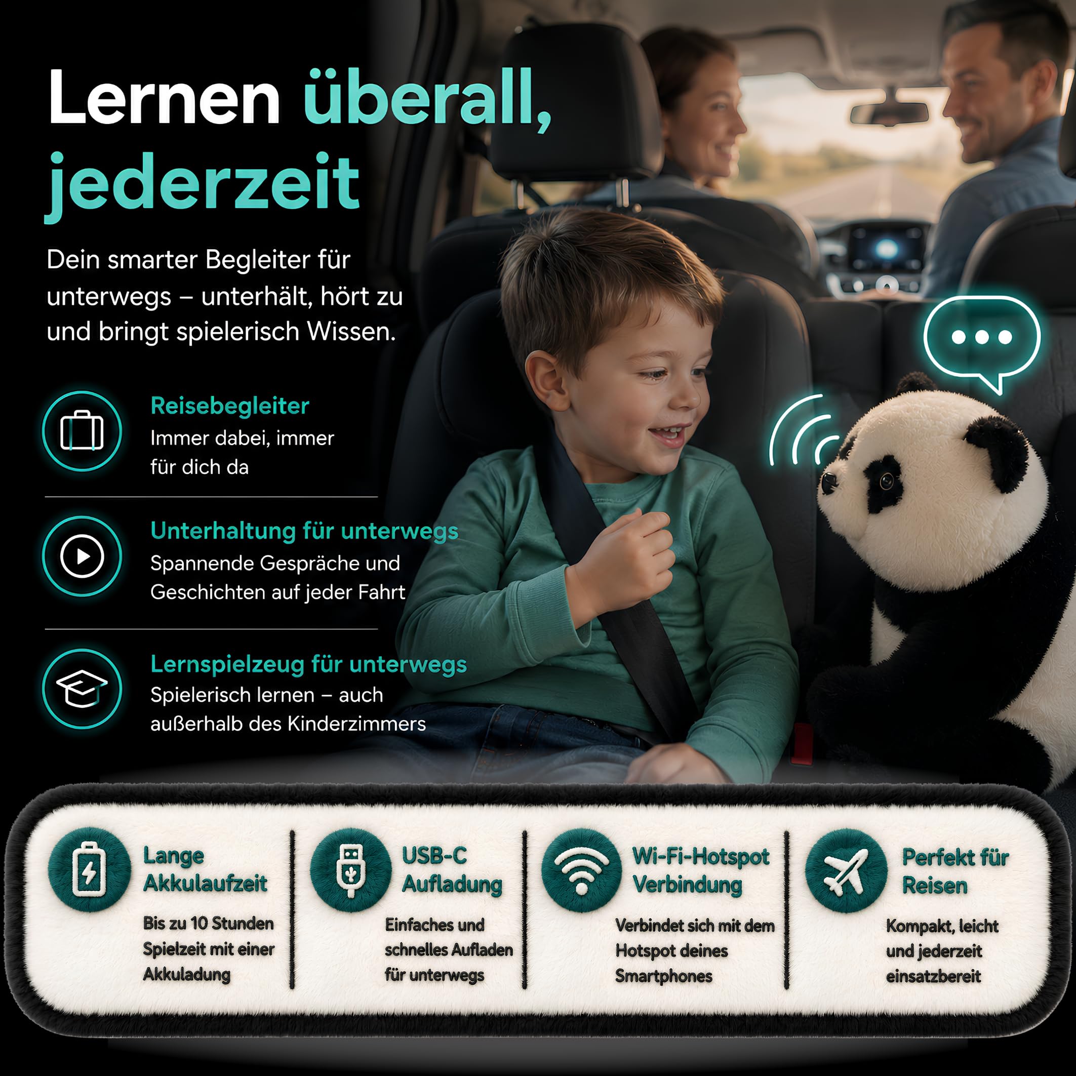 ZENET Interaktives Kuscheltier Smart Panda AI für Kinder ab 3 Jahre, 48cm | Sprechendes Spielzeug, Lernspielzeug, KI-gesteuertes Nachsprechendes Plüschtier mit Mobile App, Sprachlernen, 5 Spielmodi