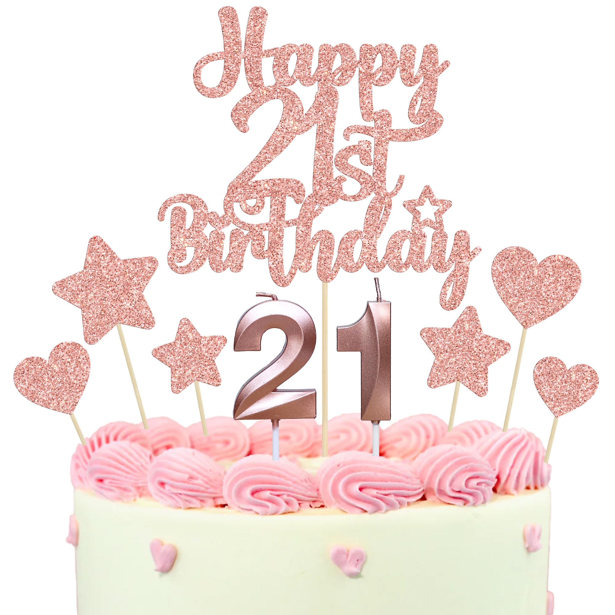 Gyufise 15Pcs Happy 21st Birthday Cake Topper Set with Heart Star Glitter Cheers to 21 Years Cake Picks Number 21 Candles Cake Decorations for Happy 21st Birthday Anniversary Party Supplies Rose Gold