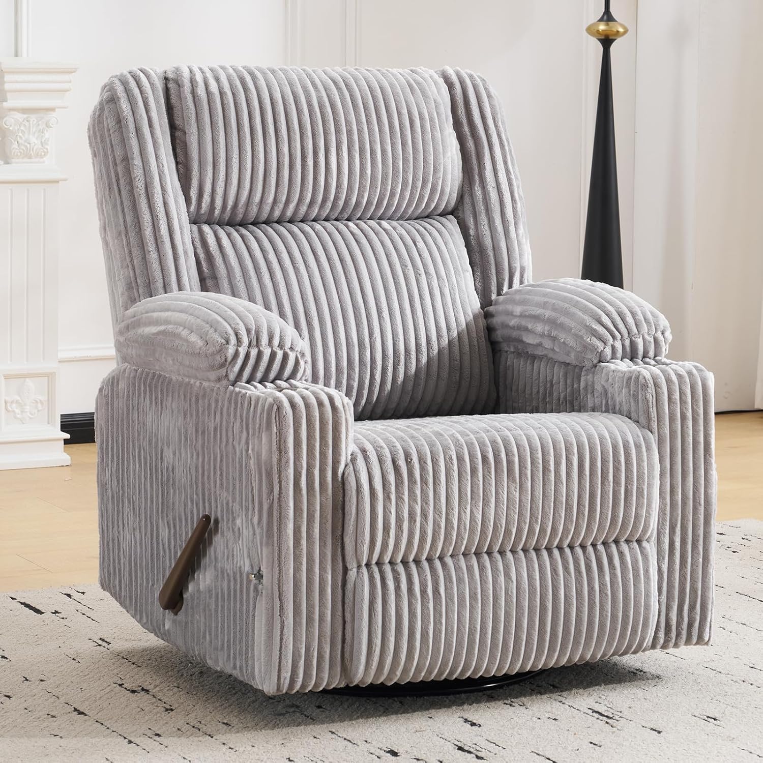 Manual Recliner Chair with Adjustable Headrest, Oversized Swivel Rocker Recliner for Adults with Arm Storage, Nursery Glider Recliner with Phone Stand and Side Pockets for Living Room, Light Grey