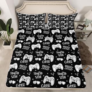 Erosebridal Gamer Fitted Sheet Twin Size,Gaming Bedding Sets for Kids Boys Girls Teens,Video Games Fitted Bed Sheets,Sketch Gamepad Controller Buttons 2 Piece Bedding Decor Set Black White