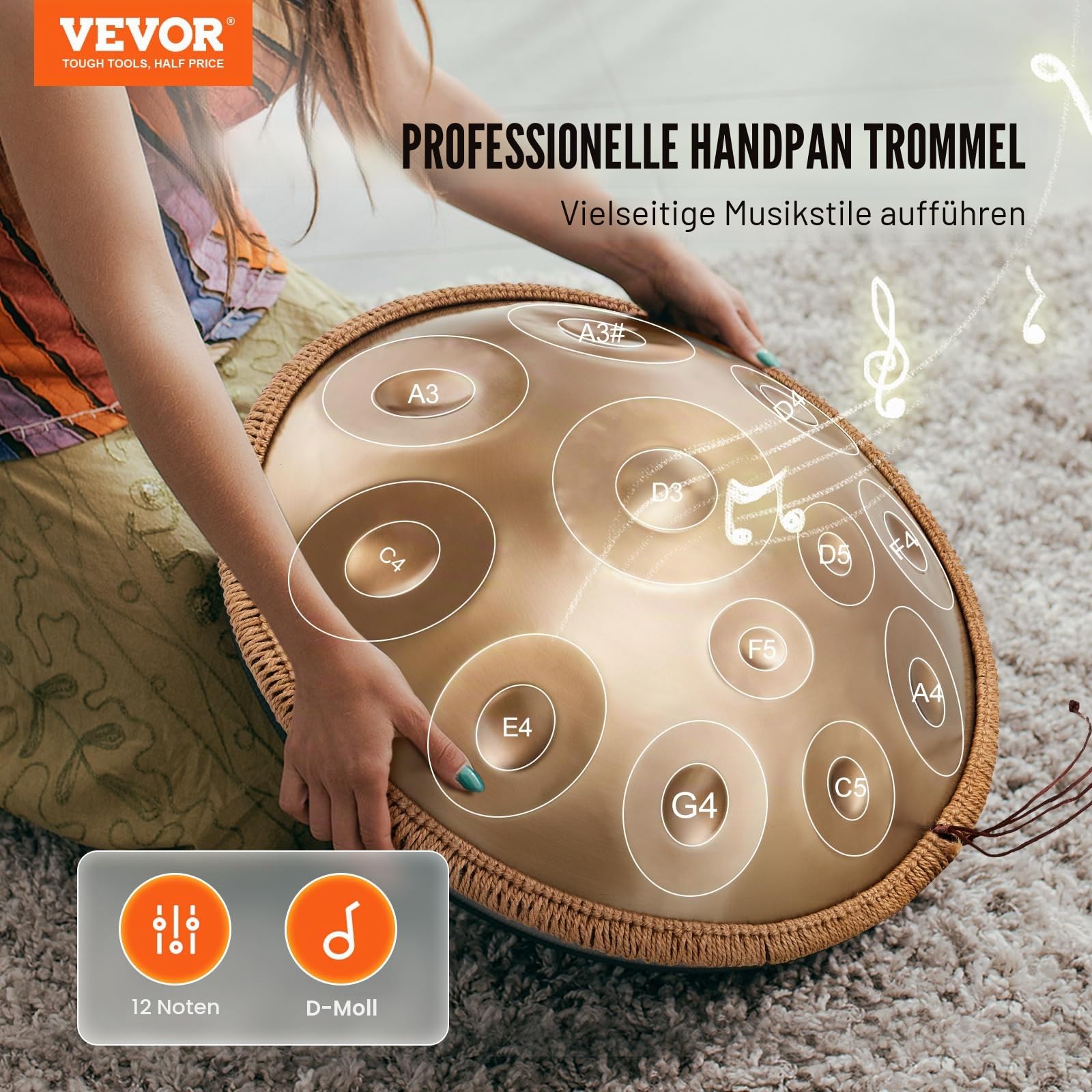 VEVOR Handpan, 55 cm, 12 Noten, D-Moll-Handtrommel, Drum-Instrument mit Schlägeln, 440-Hz-Handpan-Ständer & Tragetasche, Heilende Klangtrommel aus Stahl, Schlaginstrumente für Erwachsene & Anfänger