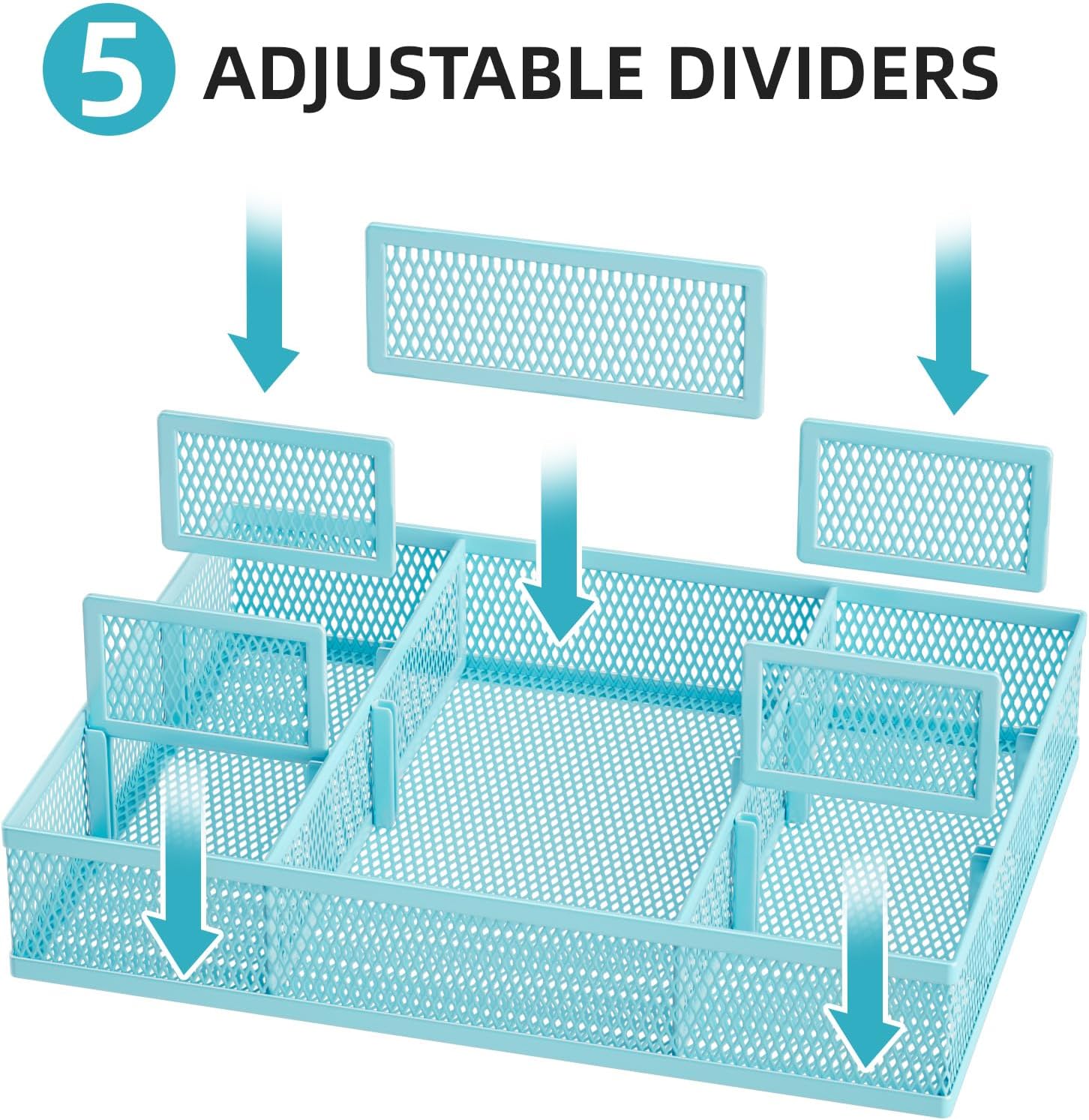  2 Pack Desk Drawer Organizer, Mesh Drawer Organizer Tray with 8 Adjustable Compartments, Desk Organizers and Accessories, 5 Dividers Drawer for Office Supplies, Makeup & Vanity (Blue) thumbnail