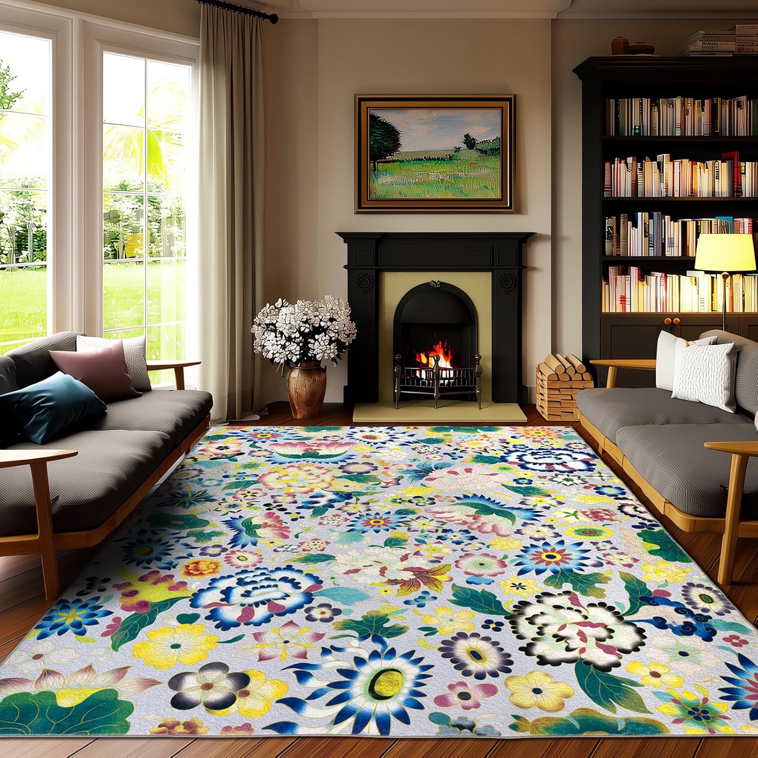 Washable Floral Rugs for Living Room,5x7 Soft Lightweight Area Rugs,Non-Slip Stain Resistant Low-Pile for ‎Bedroom Dining Room Office (5x7ft,Gray/Multicolor)