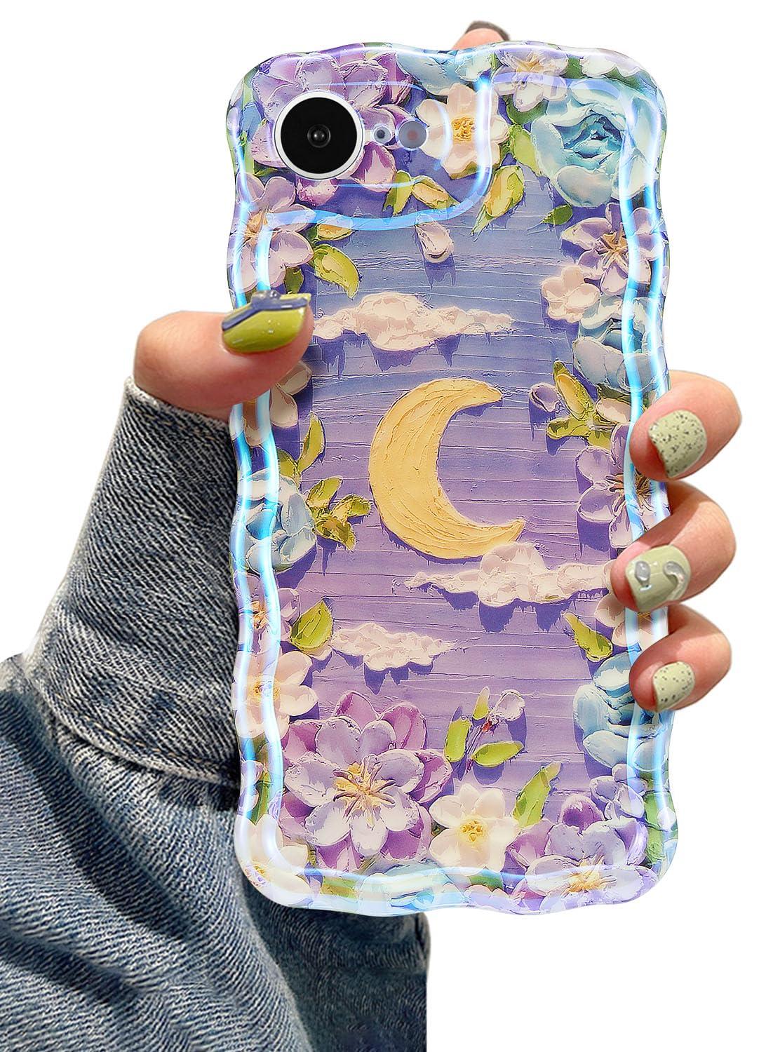 EYZUTAK Case for iPhone 17e/iPhone 16e, Colorful Retro Oil Painting Flower Moon Pattern Laser Cute Curly Wave Edge Exquisite Phone Cover Stylish