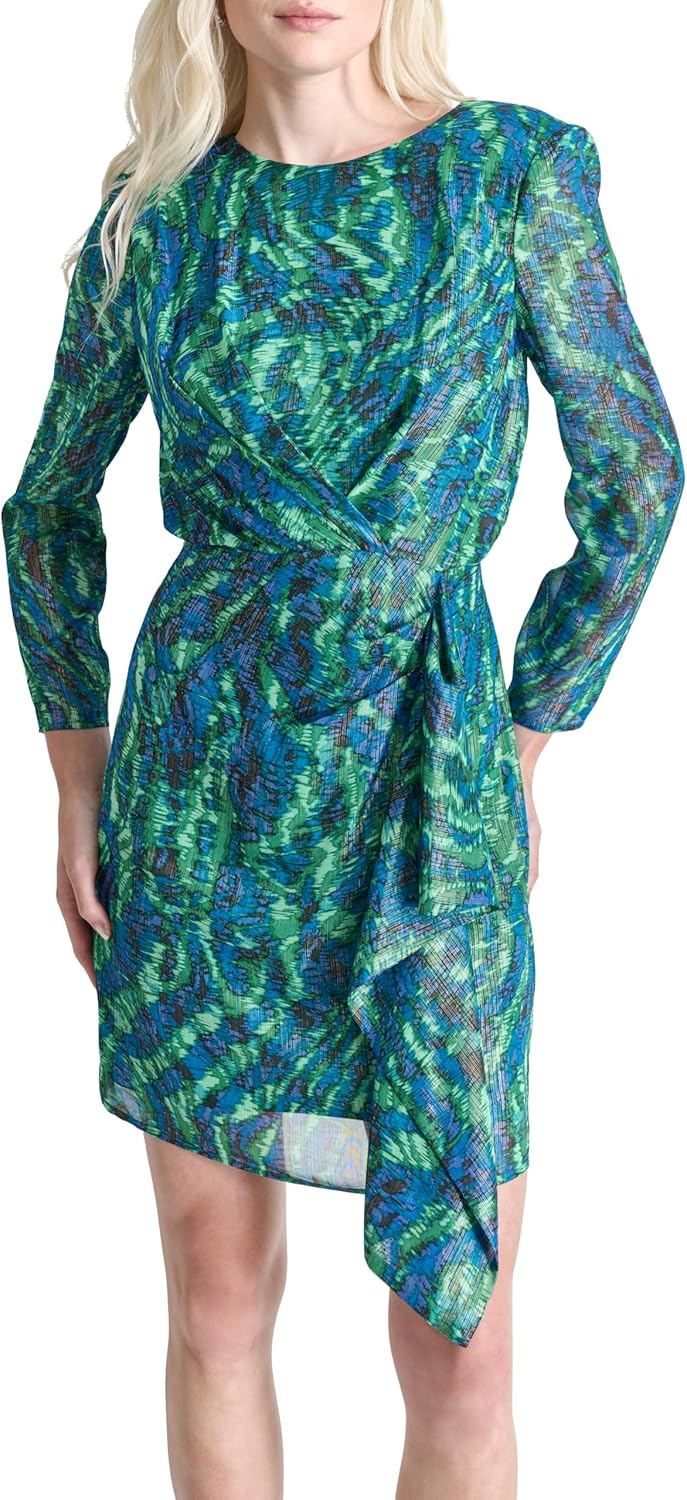 DKNY Womens Long Sleeve Side Tie Mini Sheath Dress