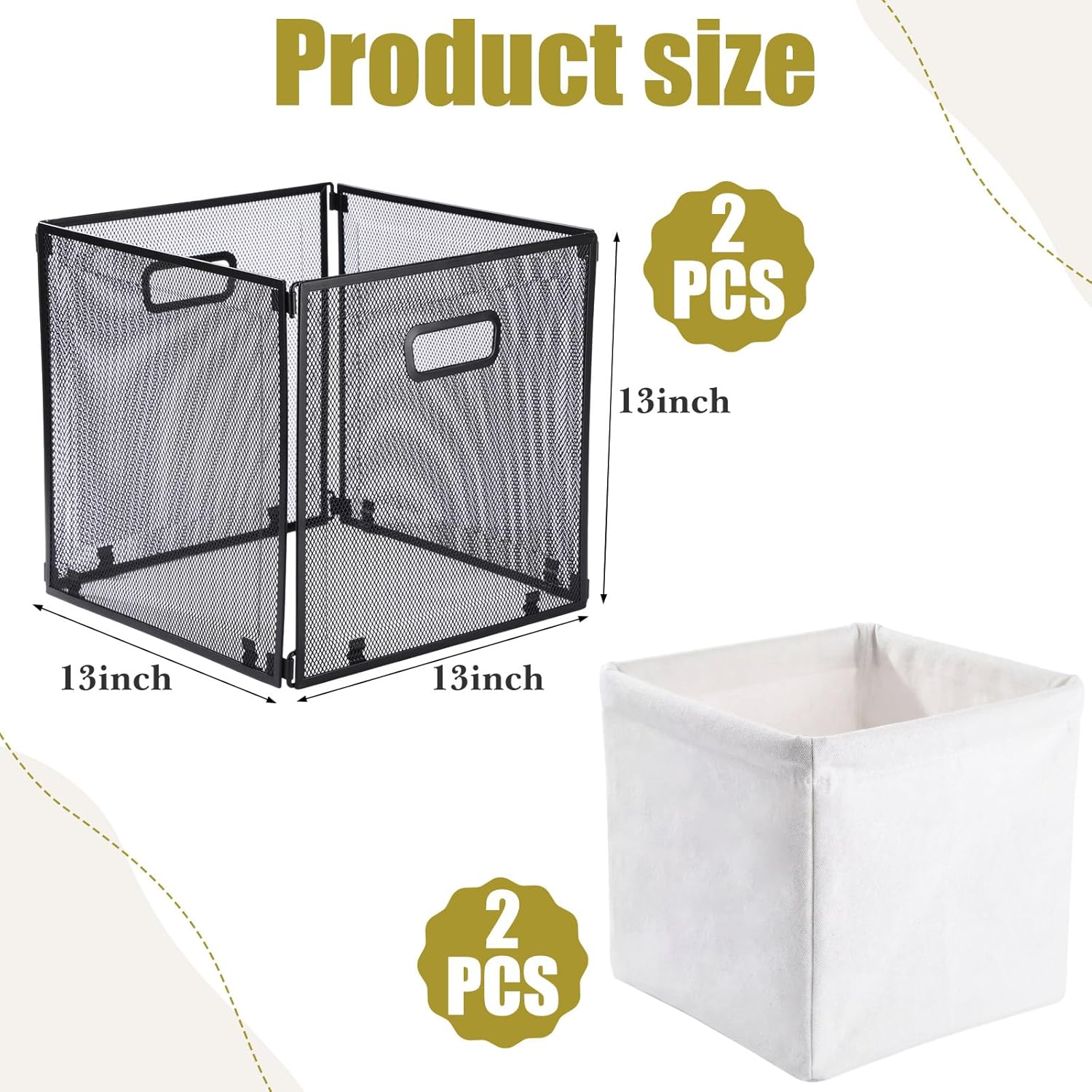 2 Pack Foldable Metal Cube Storage Baskets with Liners 13x13 Inch Wire Cube Storage Baskets Organizer with Handles for Shelves Bathroom Pantry Dorms Cabinets Laundry Bedroom