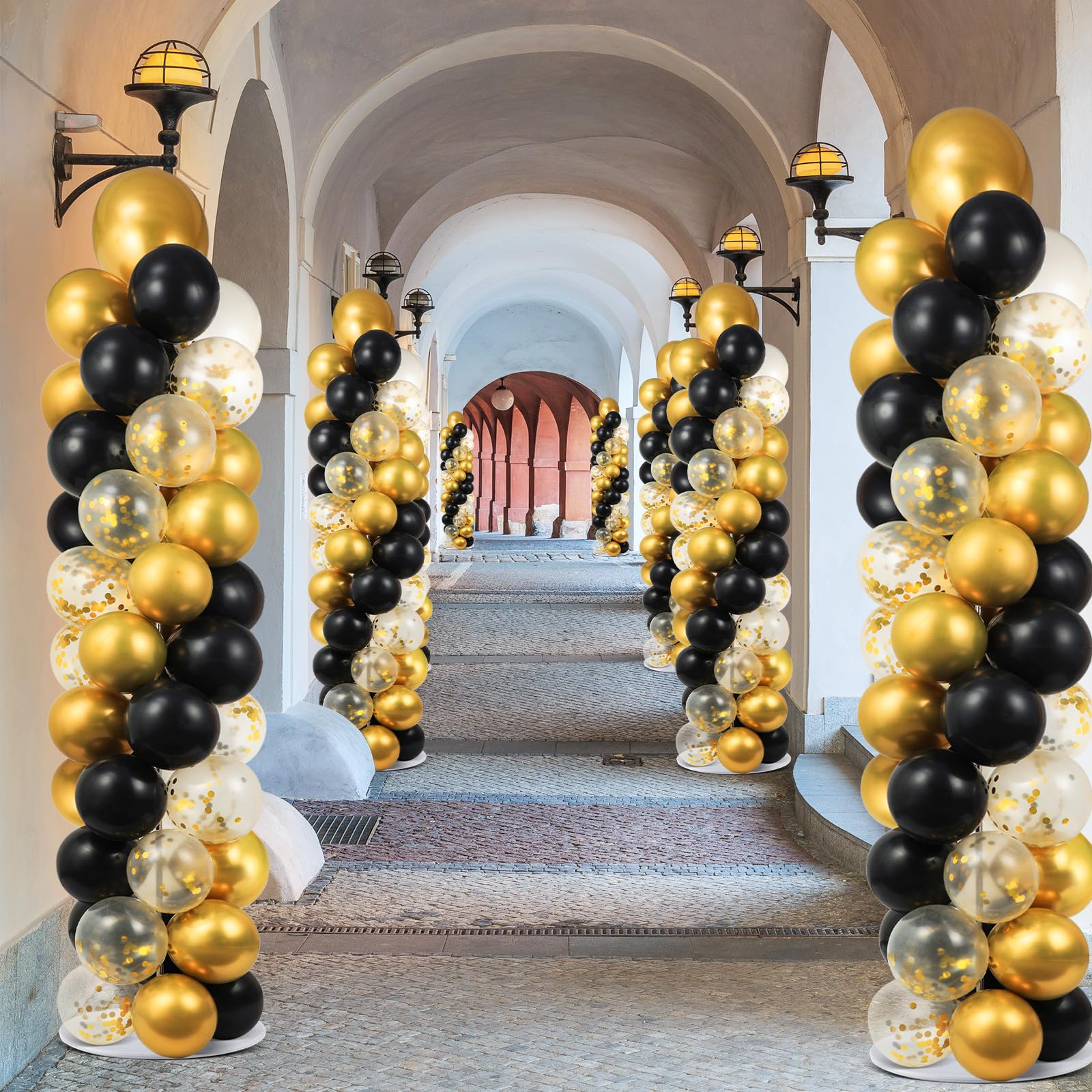 2 Sets Schwarz Gold Ballon Säulenständer Kit mit 102 Luftballons Verstellbarer Ballonturm Ständer mit Basis für Boden Gold Konfetti Ballons Säulen-Kit für Abschlussfeier Geburtstag Wertschätzung Party