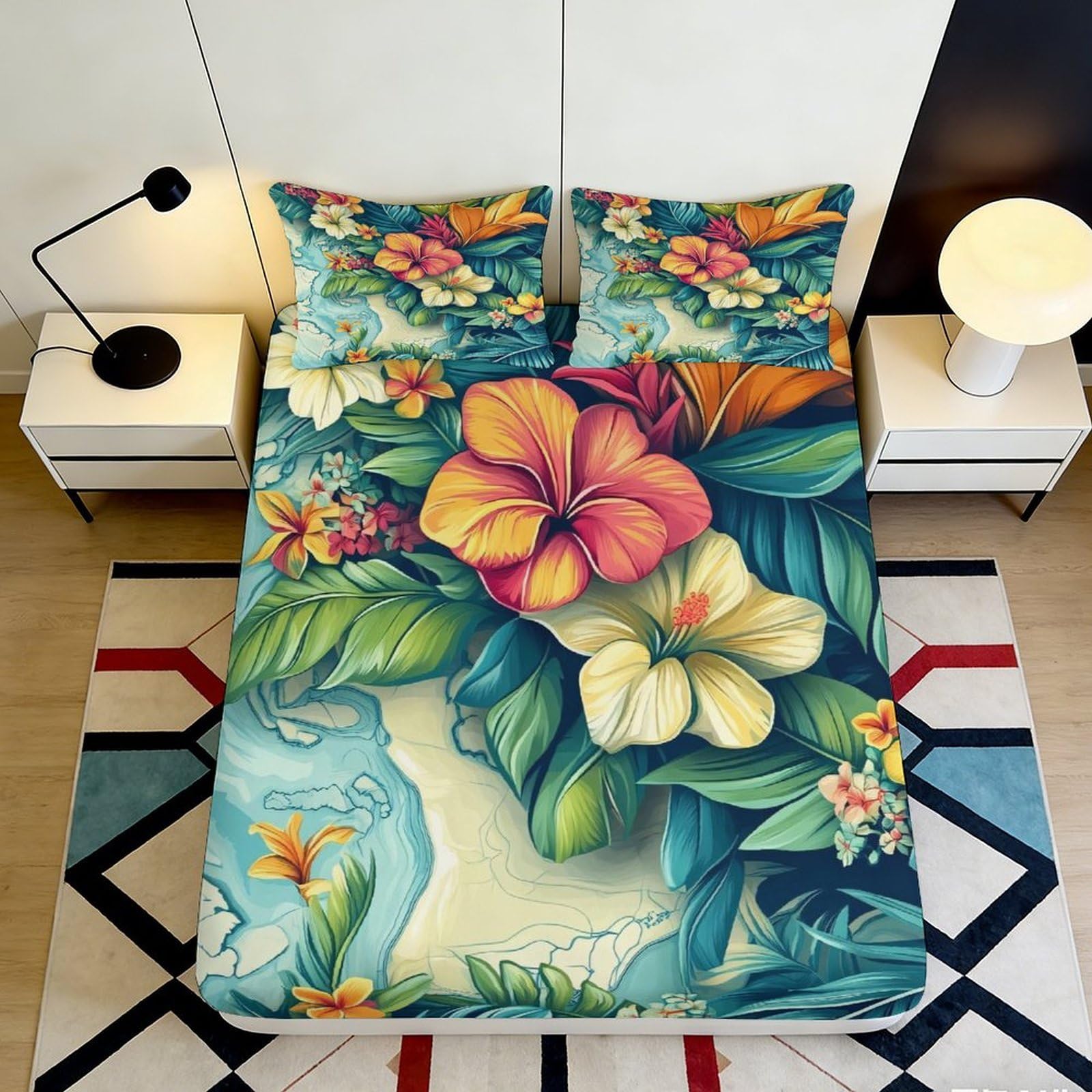 3D Printed Tropical Hibiscus Fitted Sheet Microfiber Soft Floral Palm Mattress Cover for Bedroom Guest Room Decor 90x200x25cm
