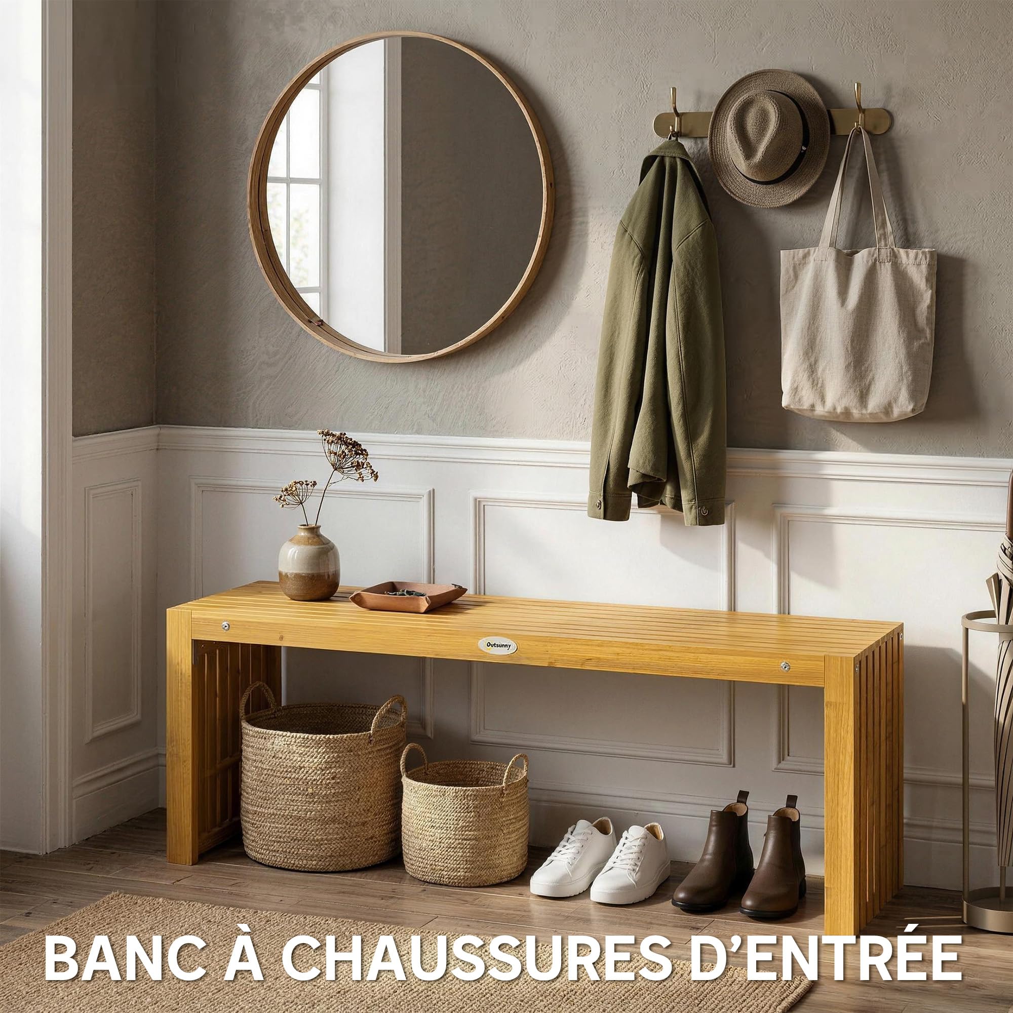 Outsunny Banc de Jardin en Bois d'Acacia, Banc d'Extérieur sans Dossier 2 Places avec Assise à Lattes Effet Bois, Charge 240 kg, 110x30x45cm, Bois Naturel