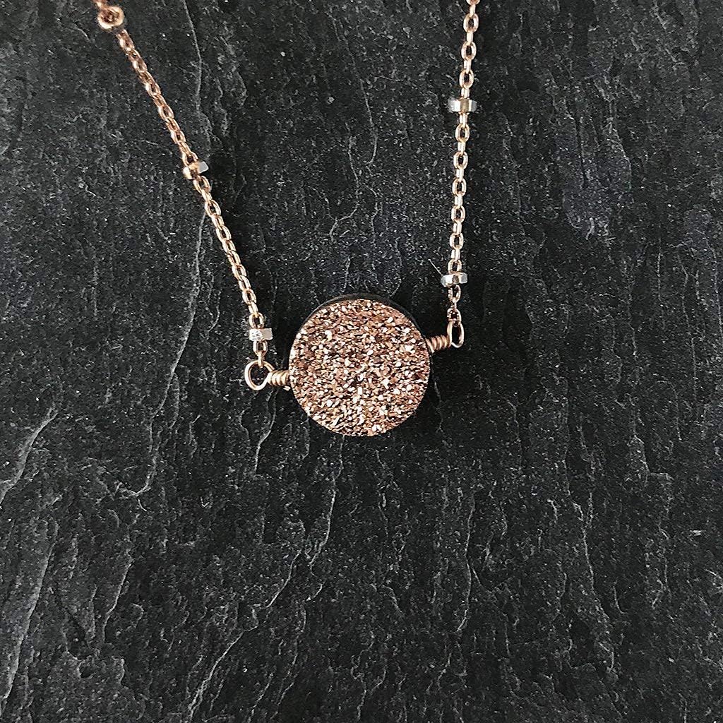 Designed By Stacey Handmade Rose Gold Druzy Necklace, Pink Geode Gemstone Pendant, Rose Gold-Filled Satellite Chain, Dainty Jewelry Gifts for Her, Mother's Day, Birthday, 16 to 18" Adjustable Length - Image 3
