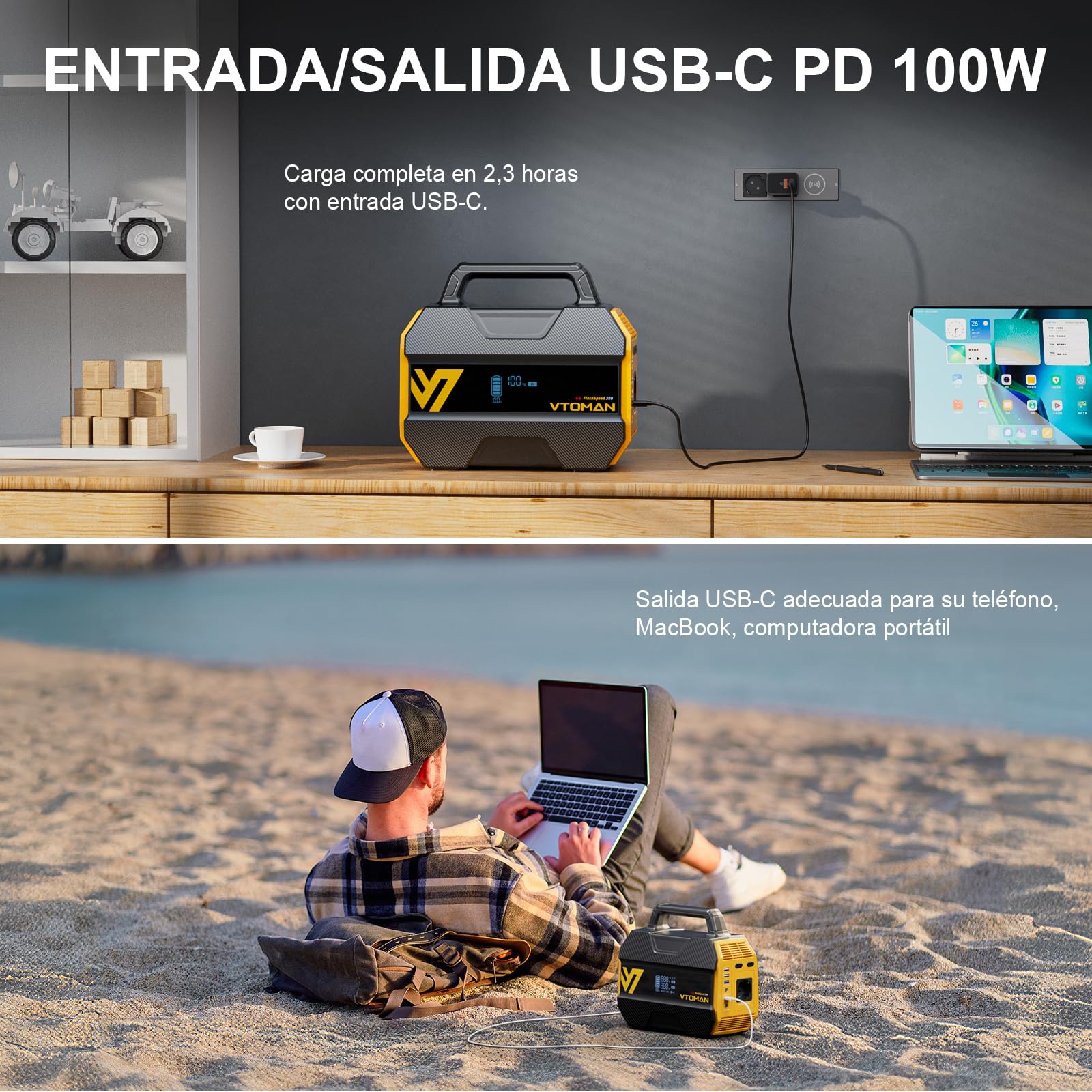 VTOMAN FlashSpeed 300 Estación de Energía Portátil 300W(Pico 600W), Batería LiFePO4 de 230Wh, 3000 Ciclos, Salida PD USB-C 100W, 6 Tomas Generador Solar para Camping al Aire Libre, RV, Pesca